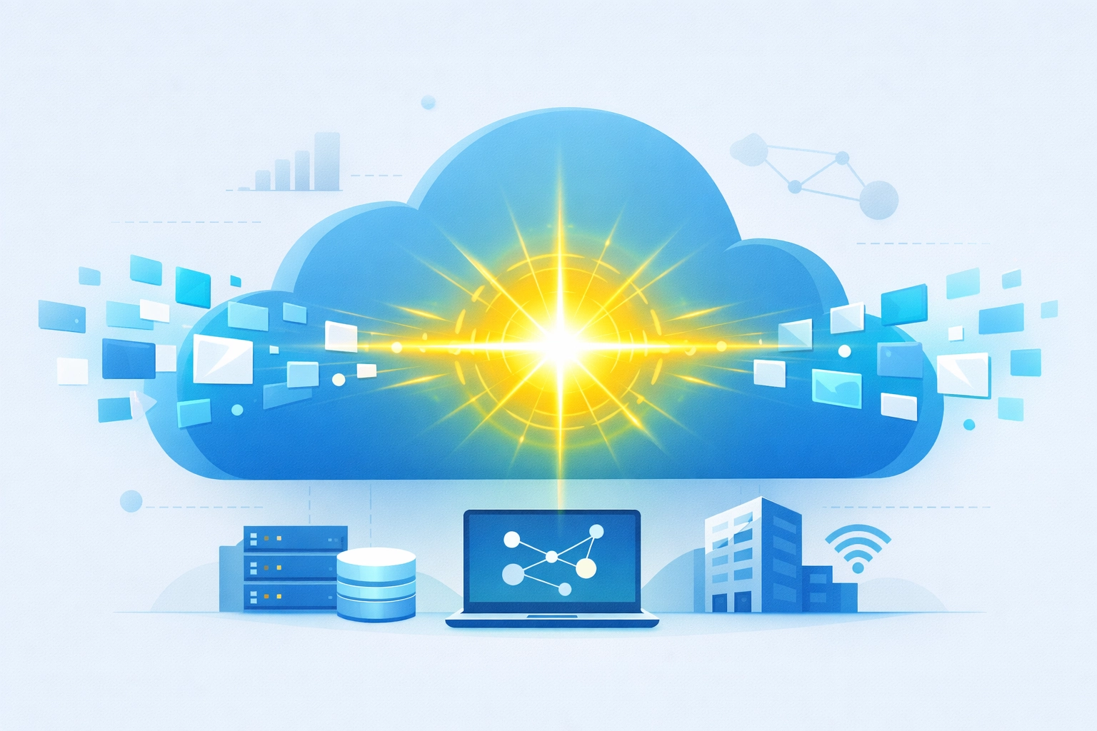 Modern cloud interface using AI-powered intrusion detection to scan and protect business data flow.