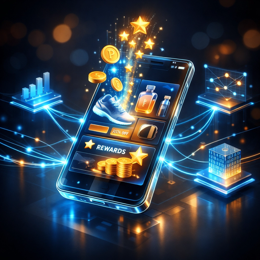 AI-powered digital marketplace showing personalized crypto rewards and optimized Web3 checkout interface.