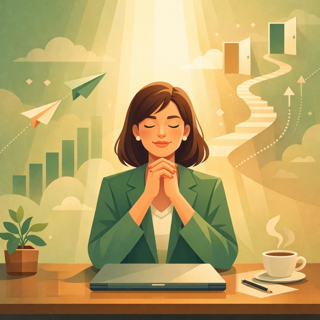Professional woman in peaceful prayer with career opportunities rising around her desk