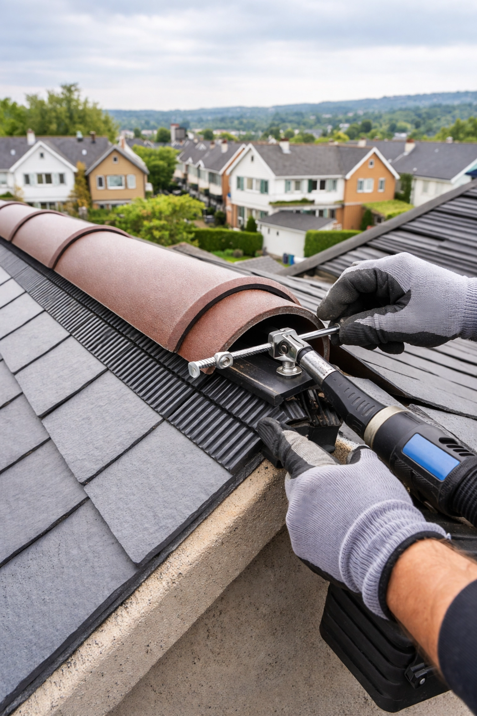 Roofer installing a modern dry ridge system with mechanical fixings on a Belfast house roof