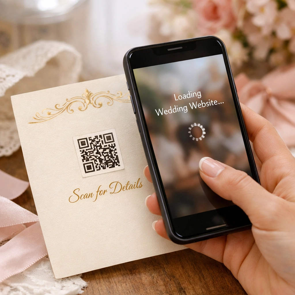 Bride scanning QR code on wedding invitation with smartphone for digital RSVP