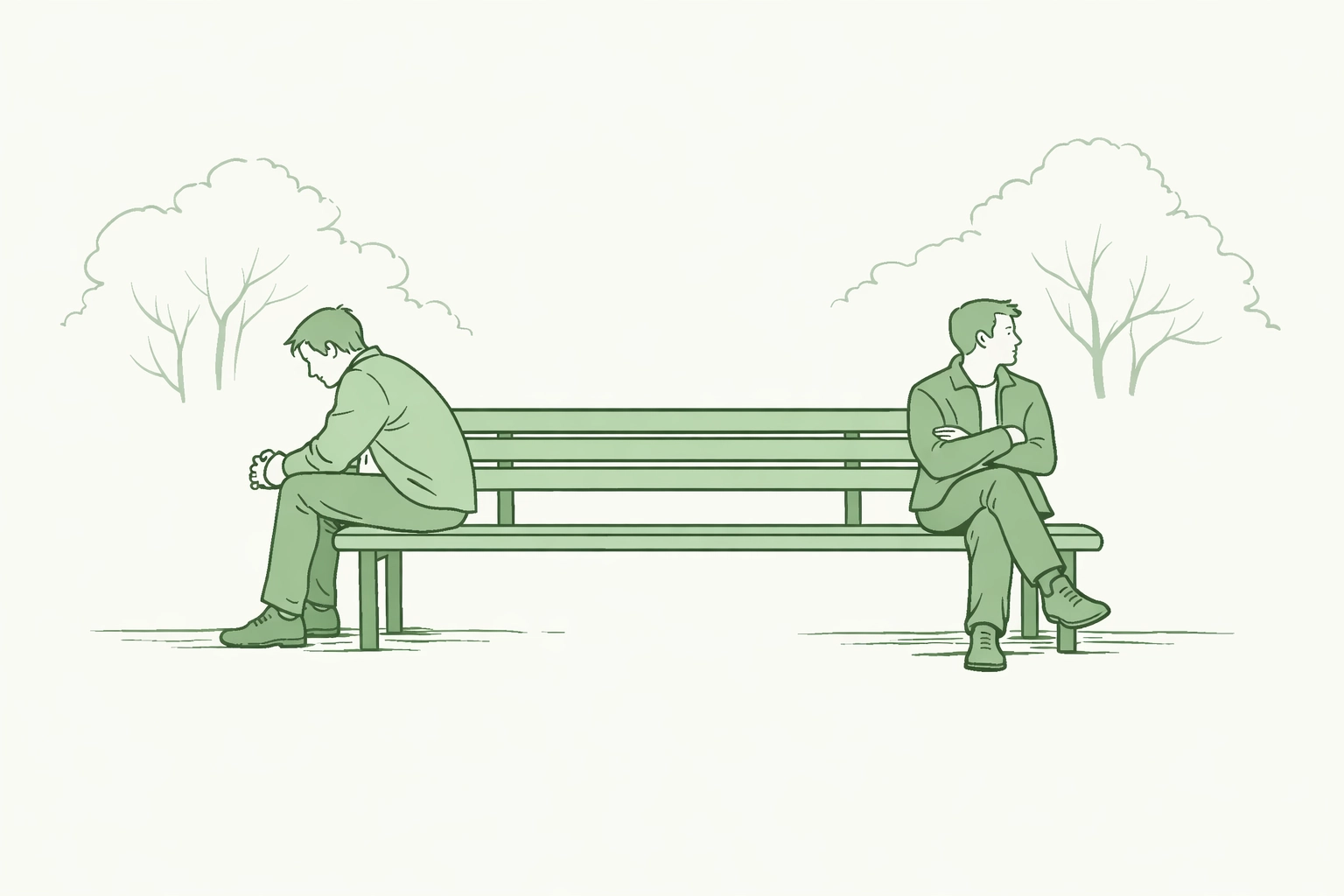 Two men sitting apart on park bench showing emotional distance and isolation