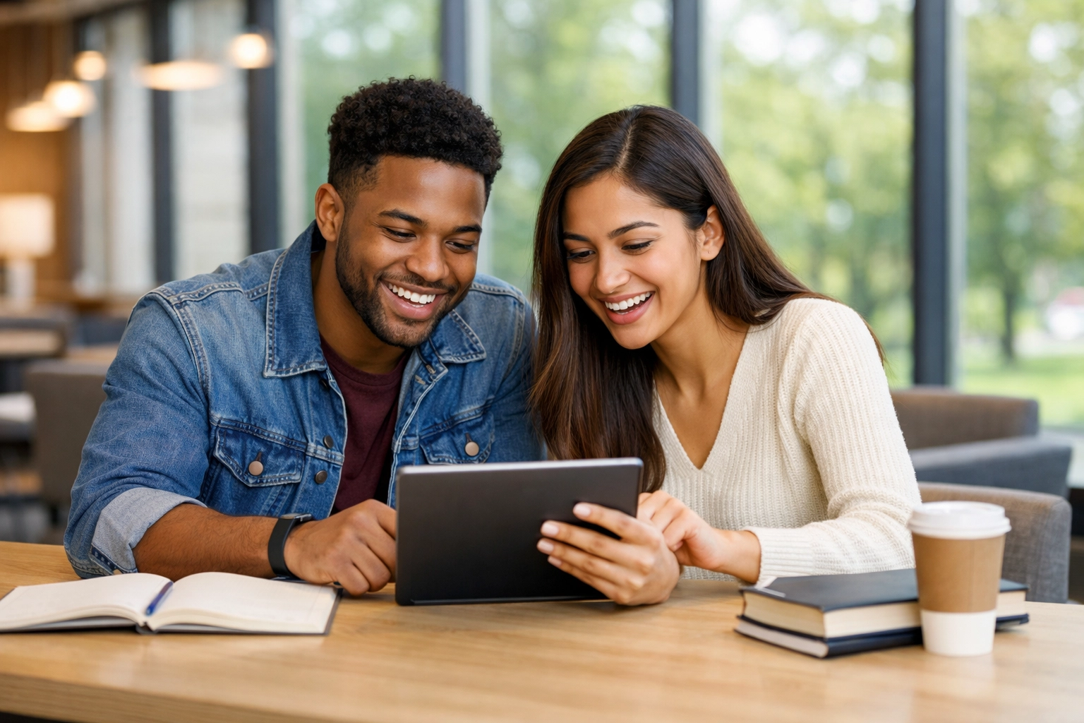 Two students researching college credit transfer policies for CLEP and DSST exams. (1x1, center safe zone; text within safe zones)
