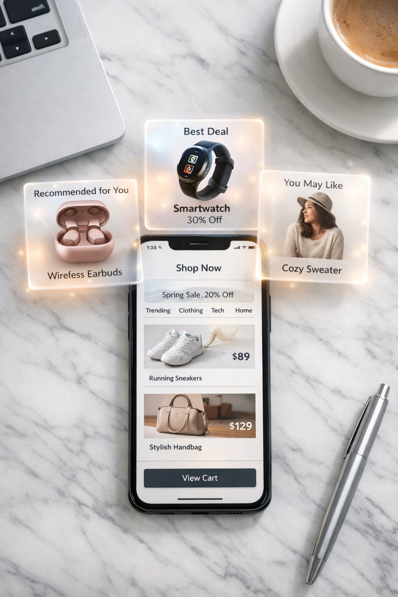 Smartphone displaying AI-powered product recommendations for online shopping