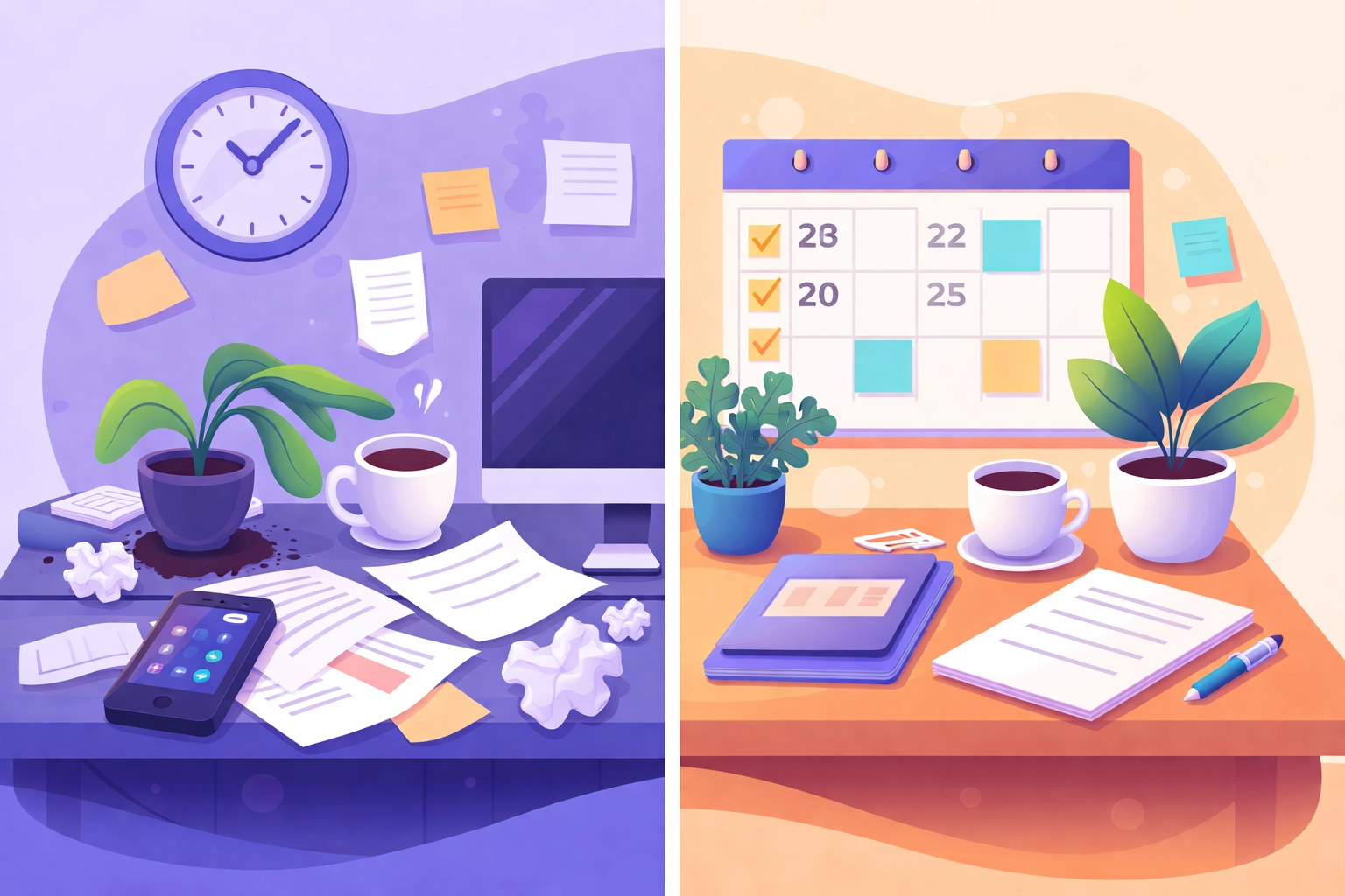 Comparison of messy and organized workspaces, illustrating consistent follow-up for contractor lead generation