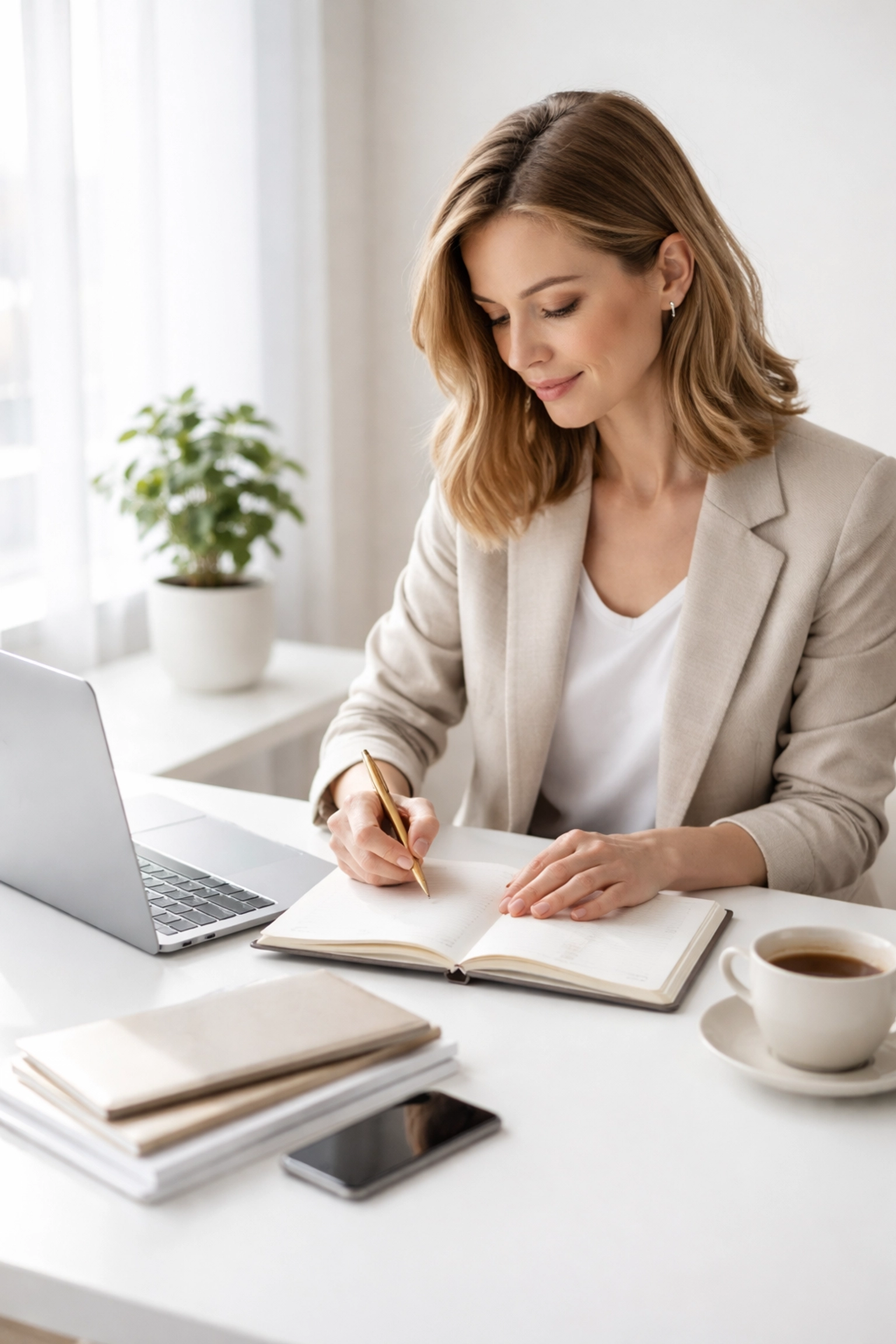 Woman planning tax preparation goals at a modern desk with laptop and notebook for course selection