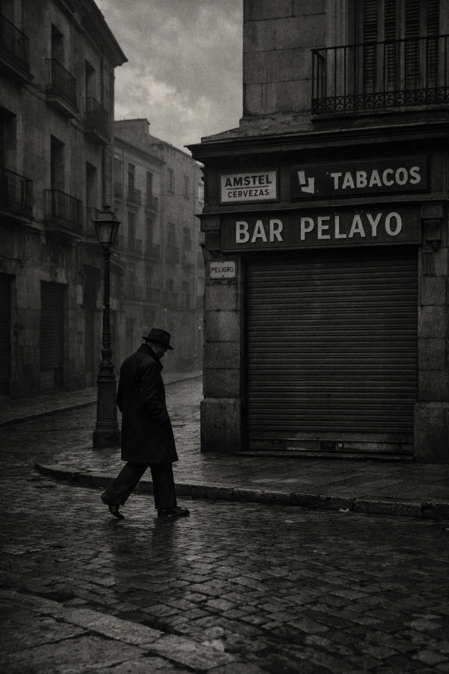 Grey Madrid street during Franco dictatorship showing LGBTQ+ repression in 1970s Spain