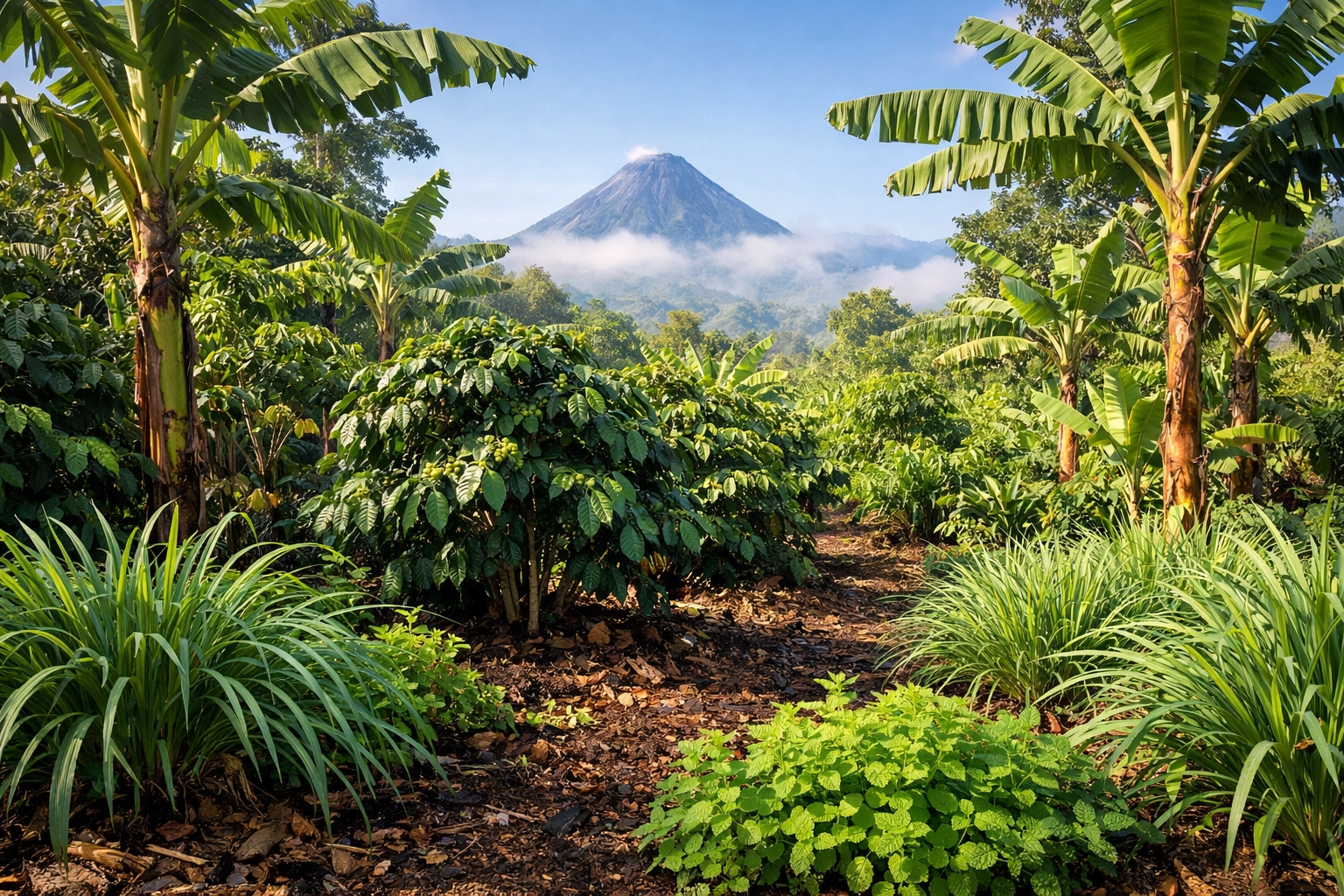 Sustainable polyculture food forest in Costa Rica featuring banana trees and coffee plants for agricultural study.