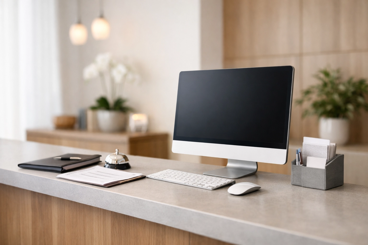 Modern hotel front desk with organized workspace and efficient booking system technology