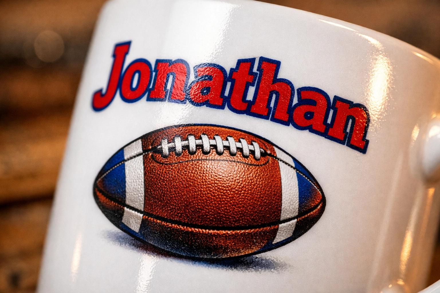 Close-up of a high-quality print on a personalised rugby mug, showcasing durable British craftsmanship.