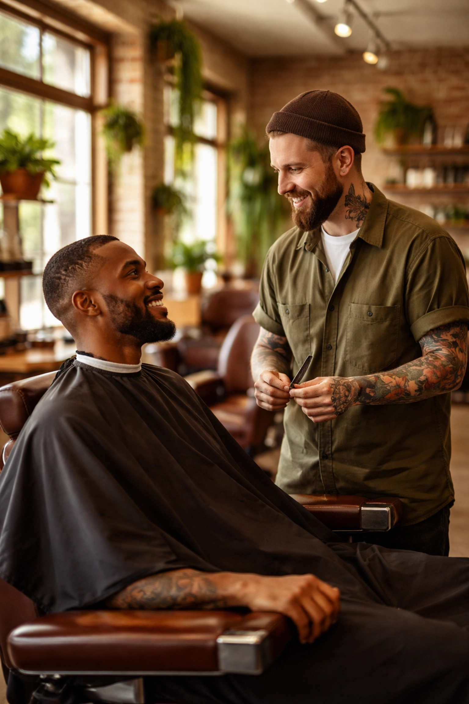 A diverse barbershop scene showing a barber consulting with a smiling client, illustrating an inclusive LGBTQ friendly salon.