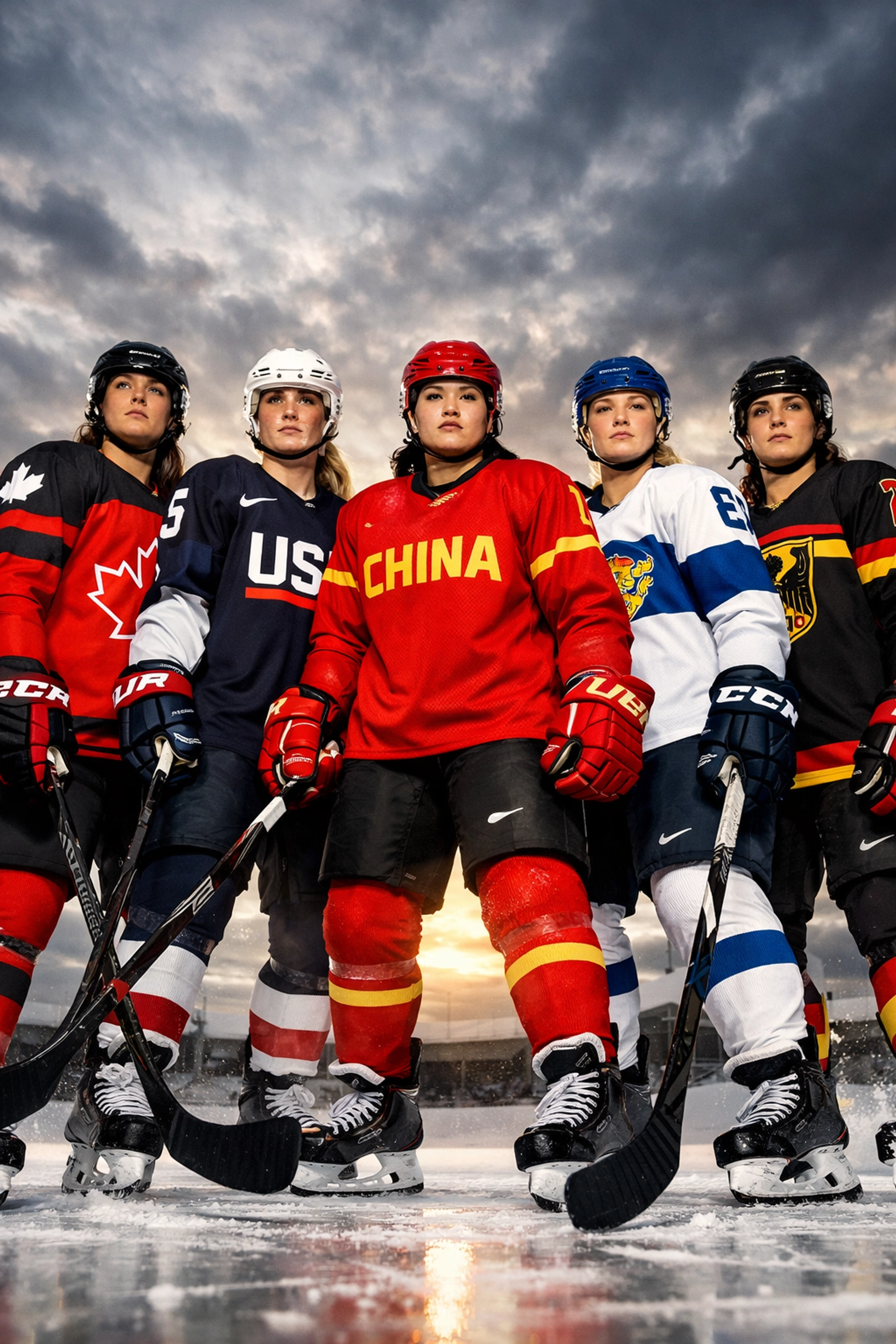Five female hockey players in international jerseys preparing for Olympic competition
