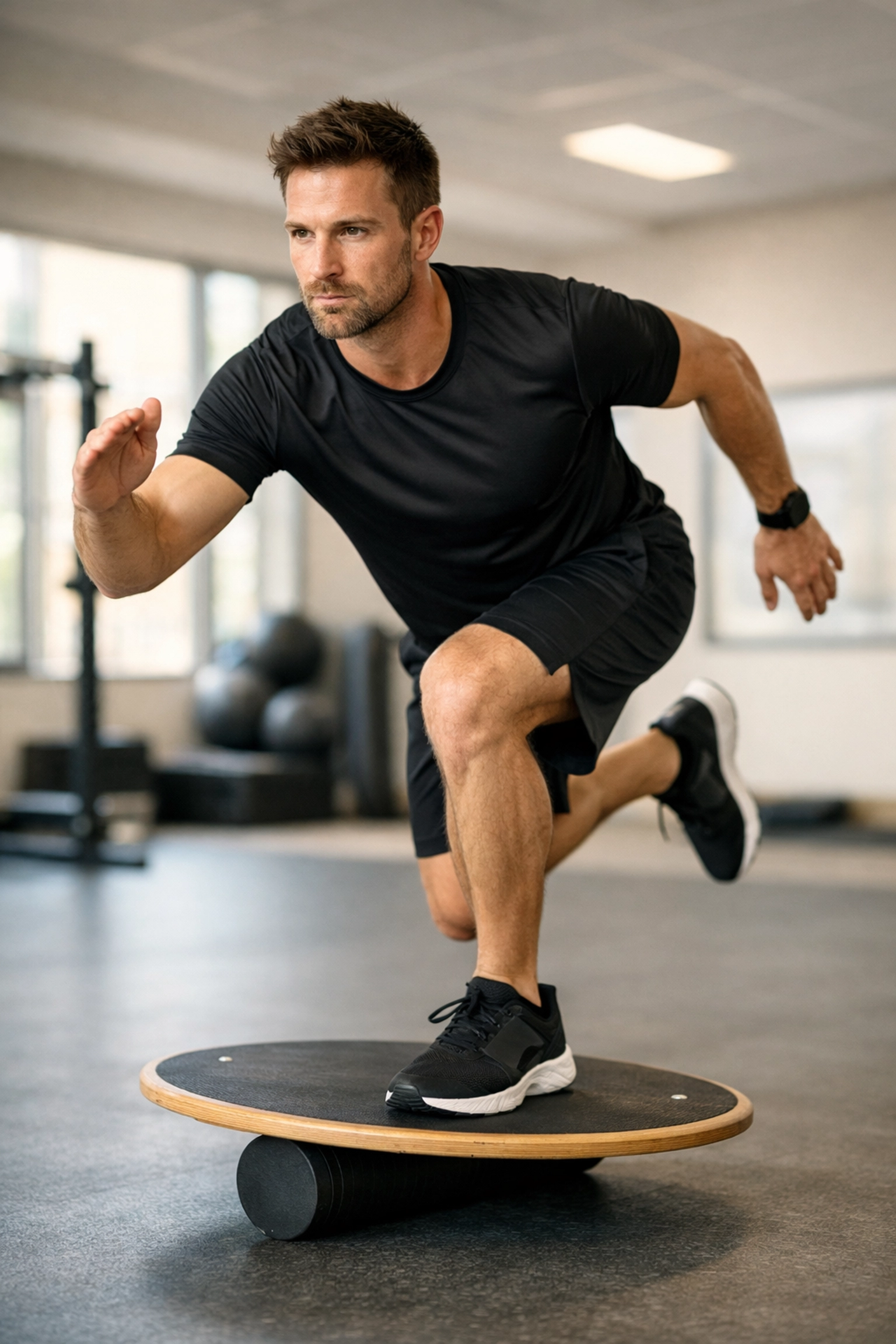 Athlete using a balance board for stability training and proprioception during sports injury rehab.