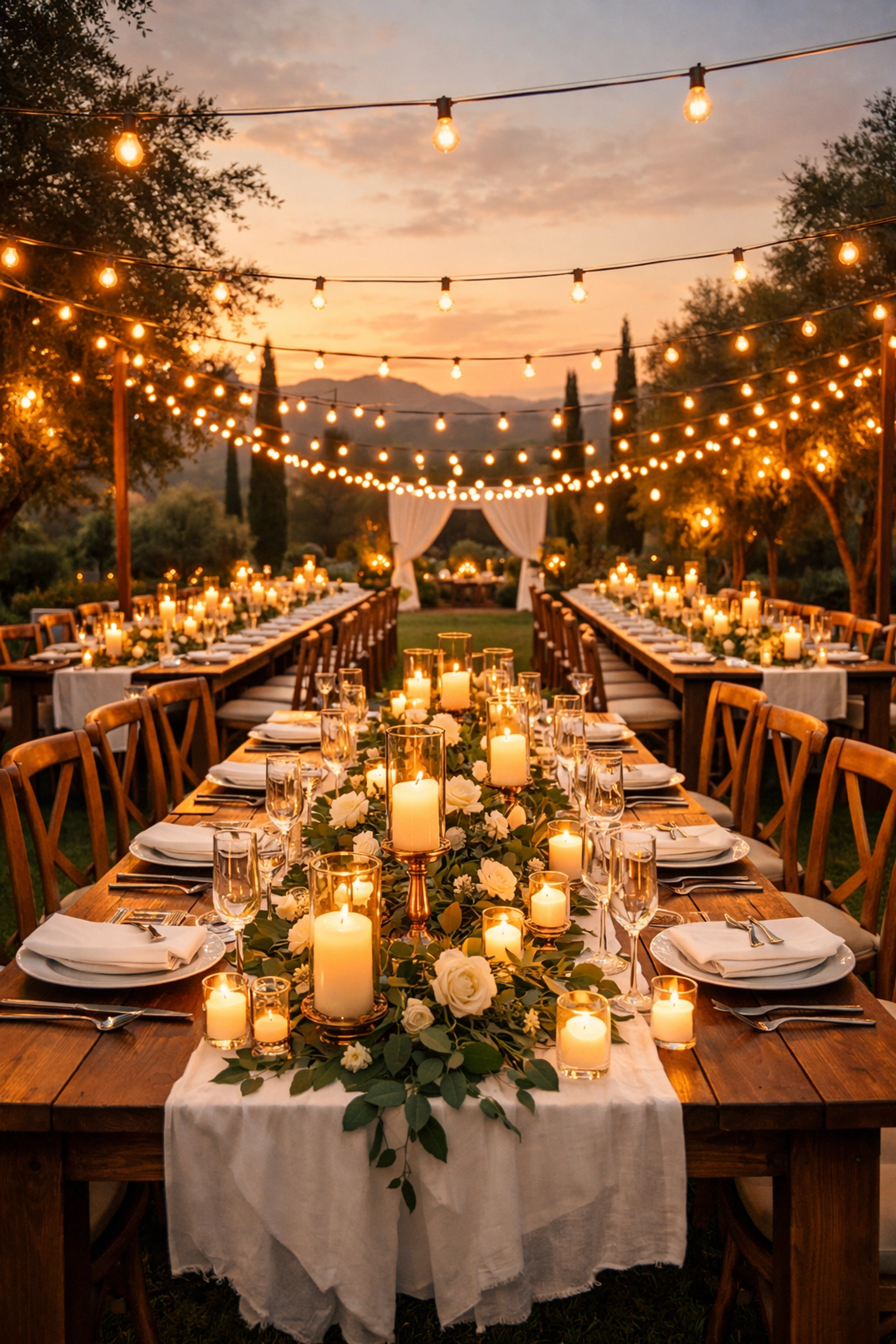 Stunning outdoor wedding reception with string lights, showcasing a dream day paid for without debt.