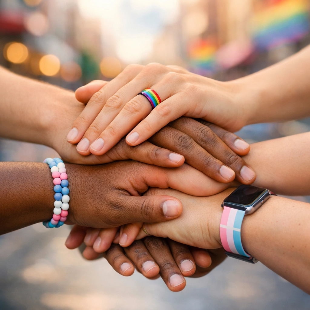 Diverse hands stacked together wearing trans pride jewelry to show community solidarity and support.