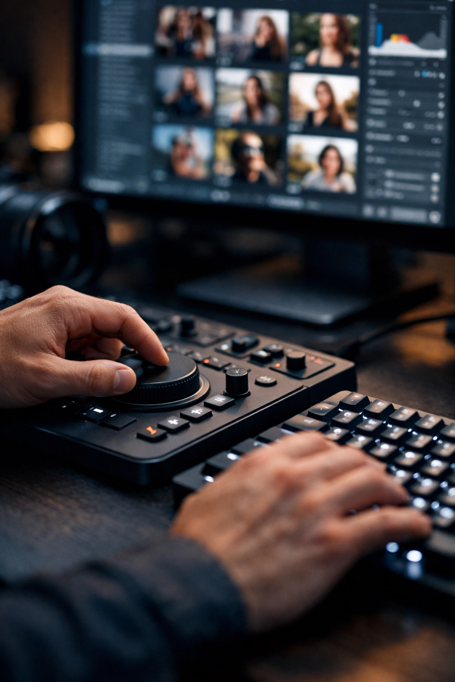 Professional photographer's hands on an editing console processing an image gallery for instant web delivery.