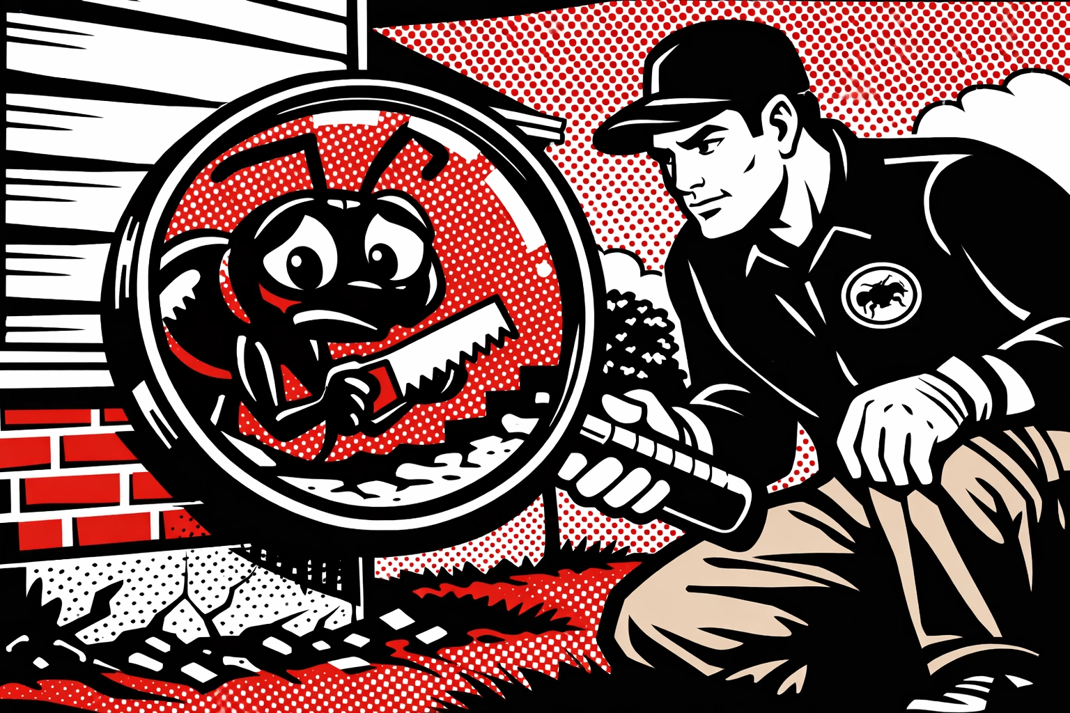 Pest control Jasper AL technician inspecting a home foundation for carpenter ants with a magnifying glass.