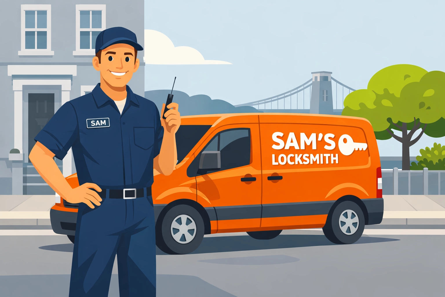 Local Bristol locksmith Sam standing by a service van ready for emergency locksmith call-outs.