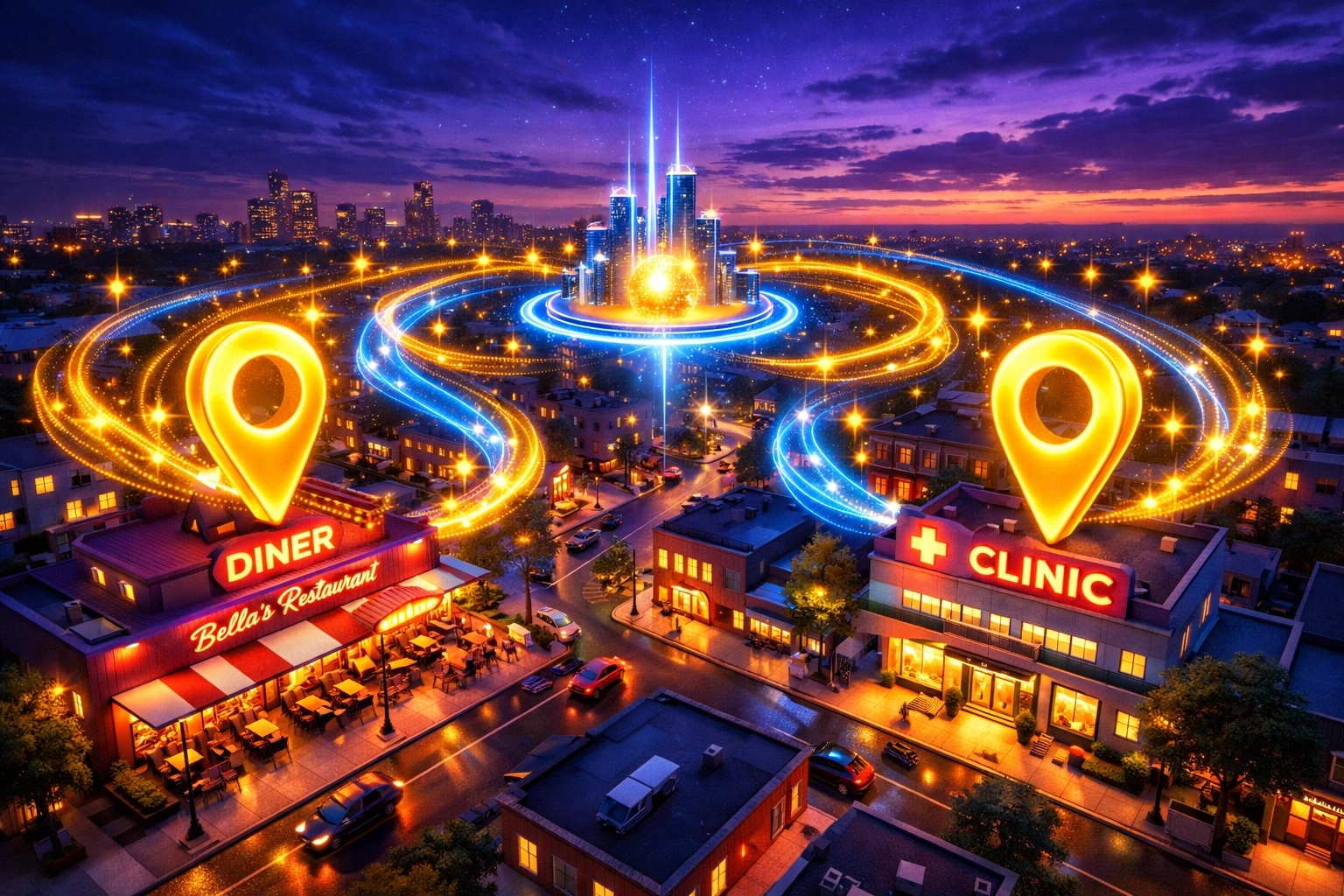 Local business map pins showing improved Google search visibility from AI reviews.