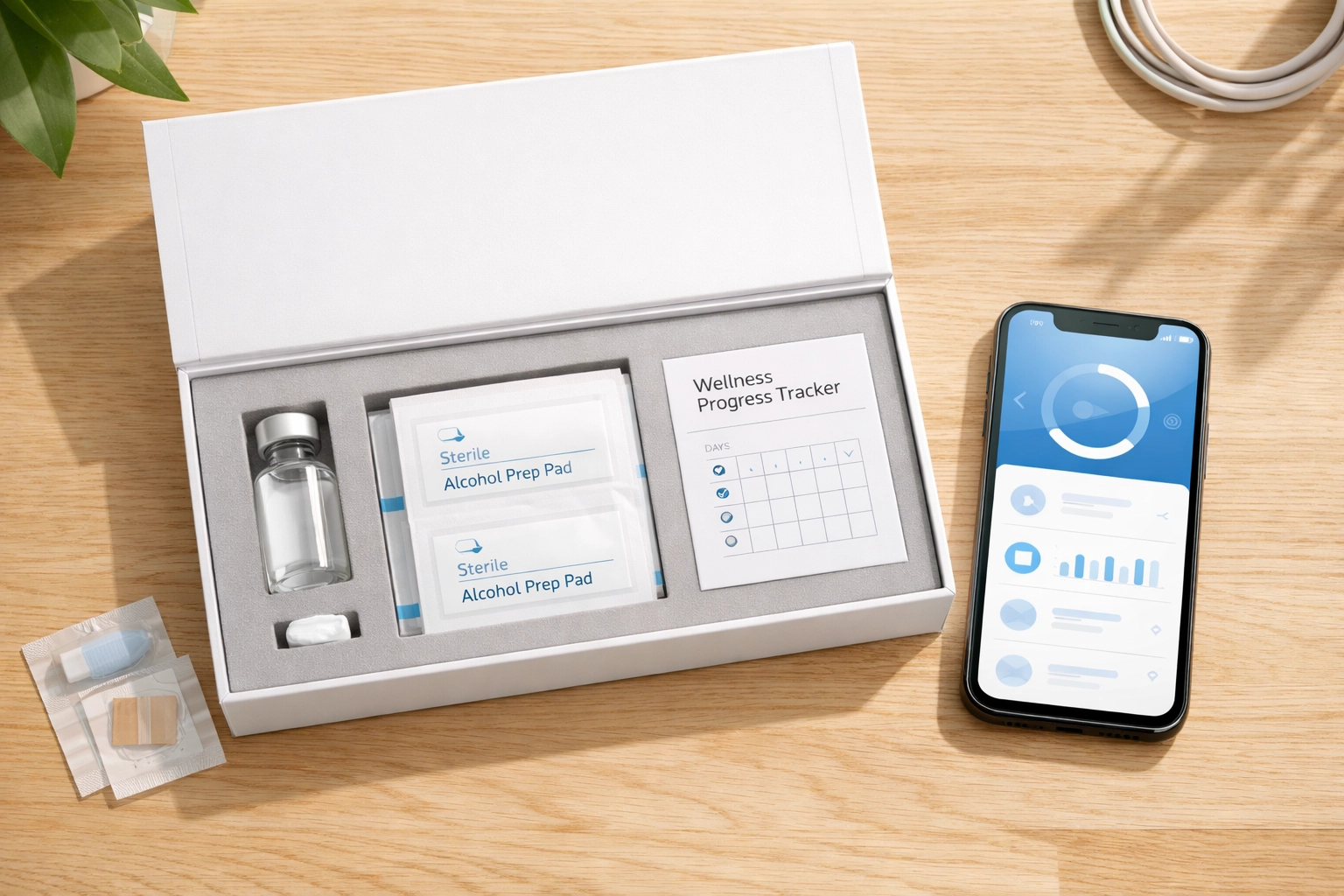 At-home medical weight loss kit featuring Tirzepatide supplies and a digital health tracking app.