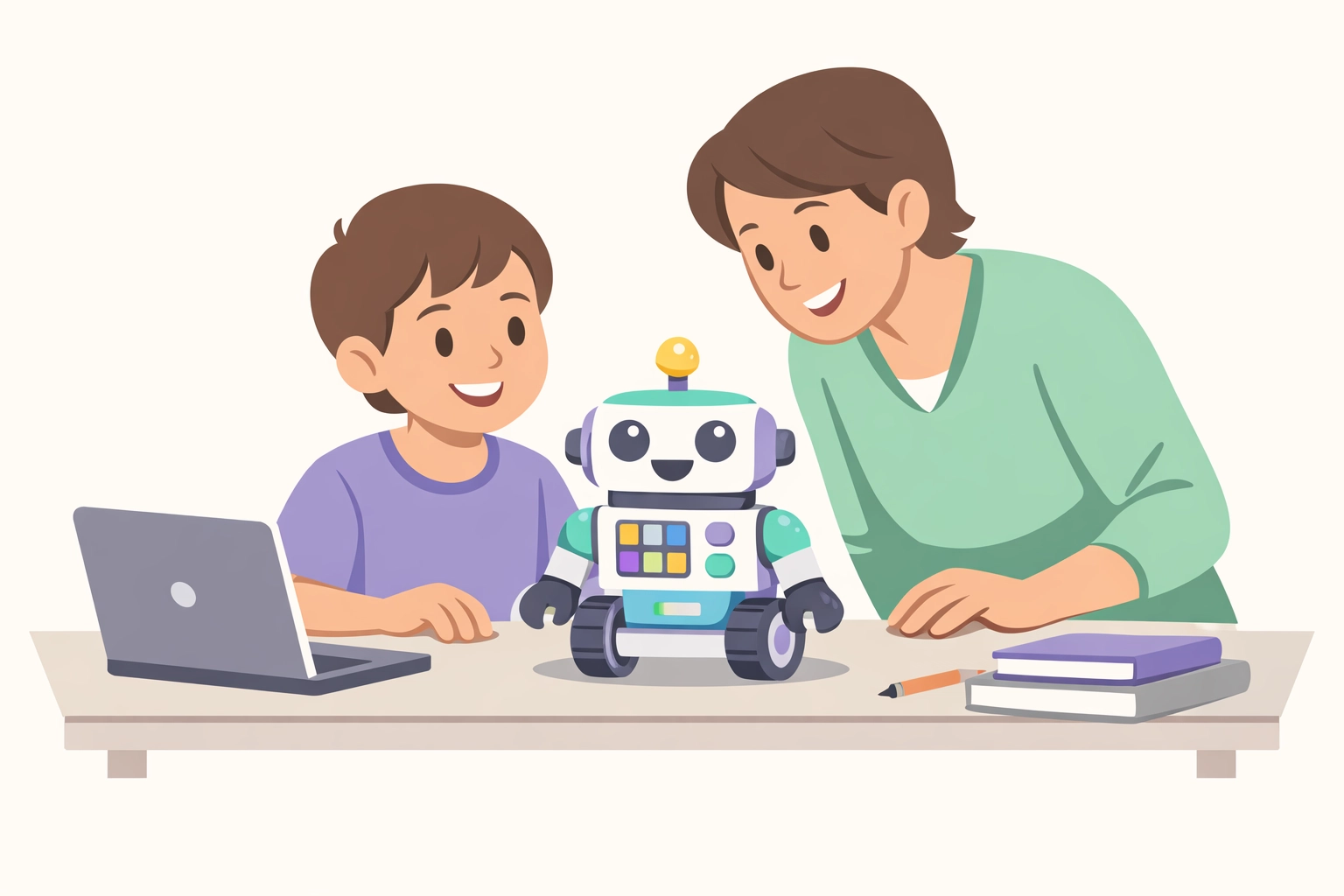 Parent and child learning coding with programmable robot toy together