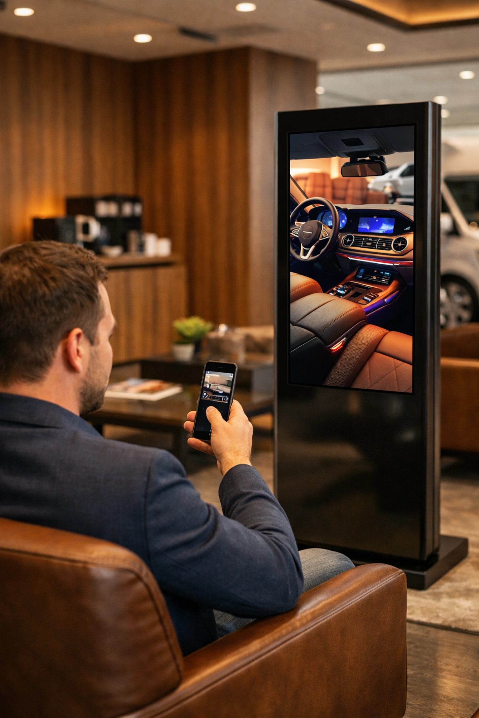 Customer using a smartphone to interact with a digital kiosk in a dealership lounge for integrated marketing.