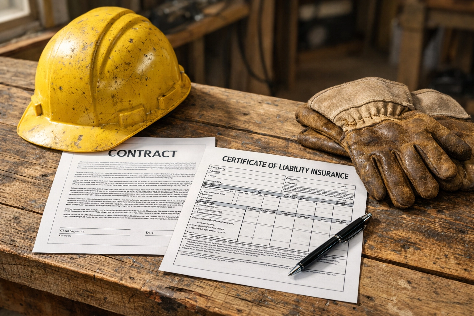 Certificate of Liability Insurance and contract on a workbench for a CT construction business.