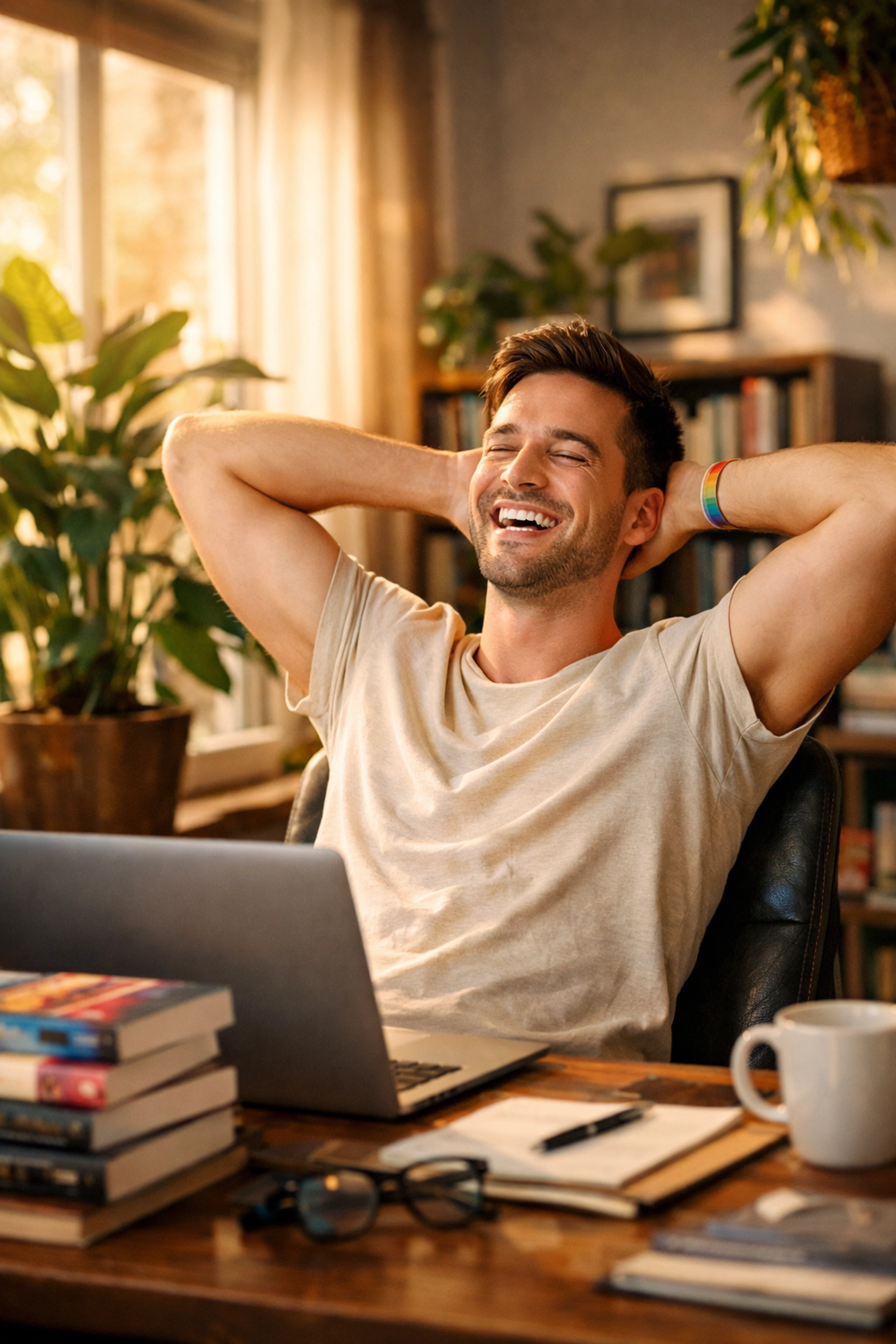 Joyful gay author celebrating his publishing success on the Read with Pride portal.