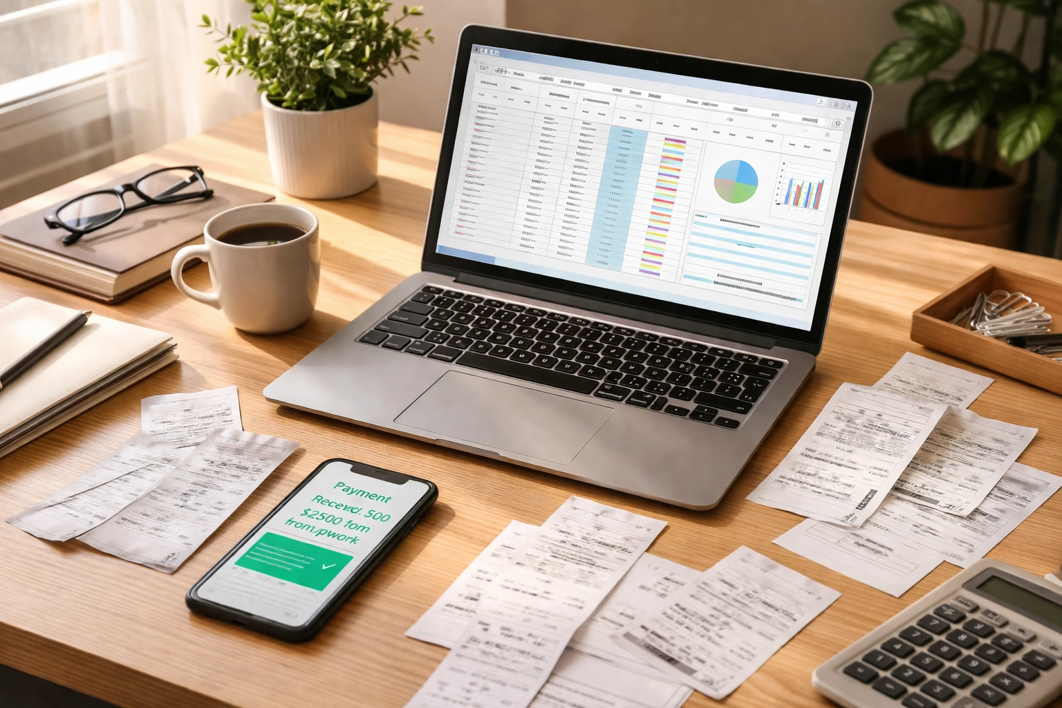 Modern home office desk with laptop, receipts, and smartphone, representing gig workers tracking 1099 income and expenses.