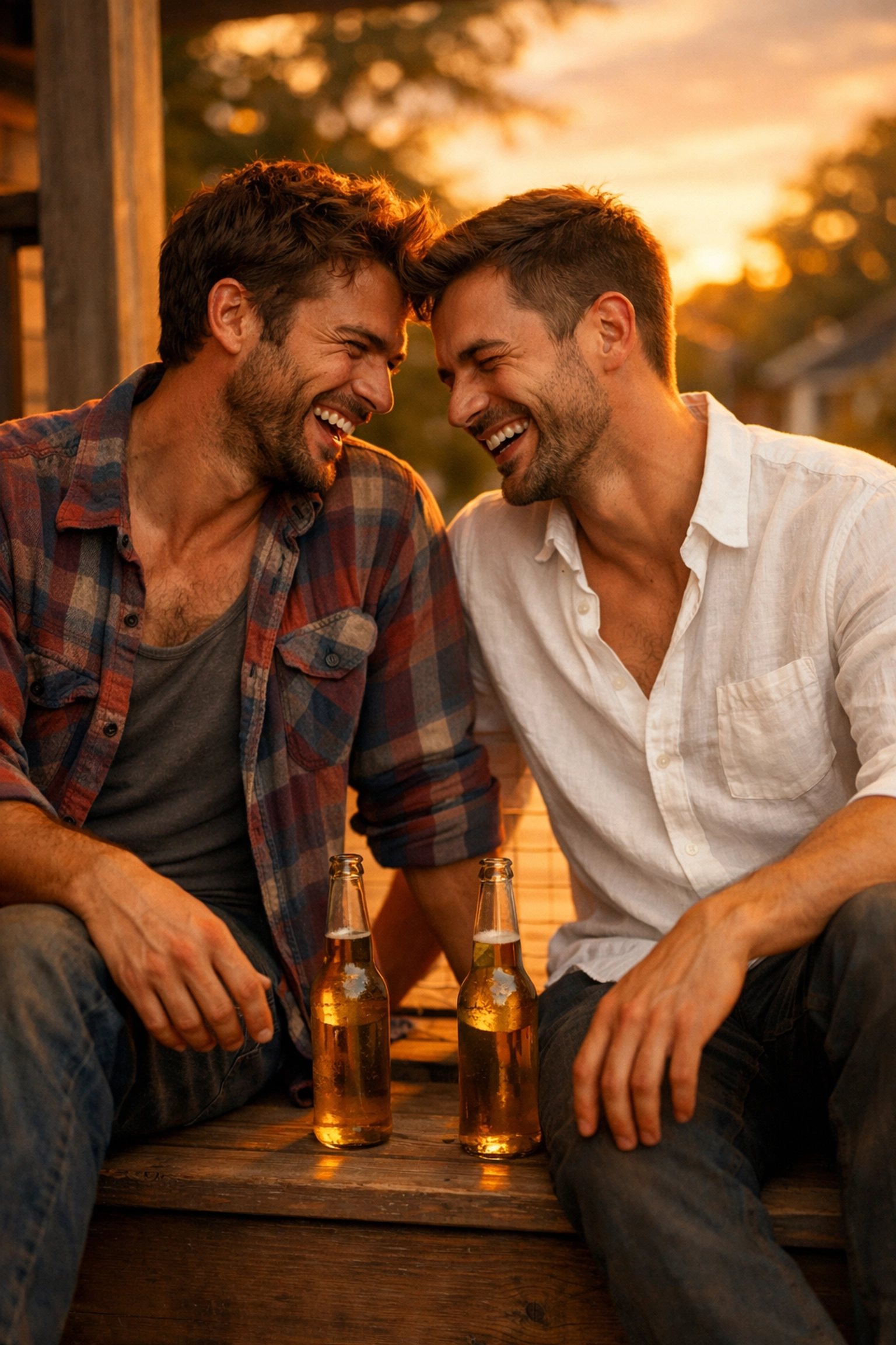 Two men sharing a beer on a porch at sunset, reflecting a slow burn gay romance story.