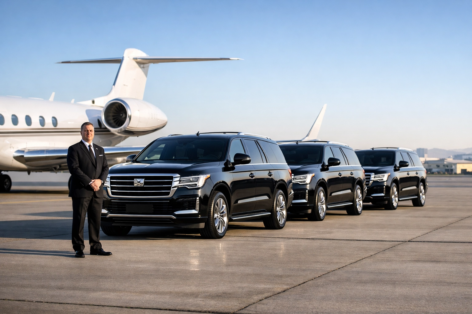 Premium corporate travel logistics featuring luxury SUVs and a private jet for VIP executive hosting.