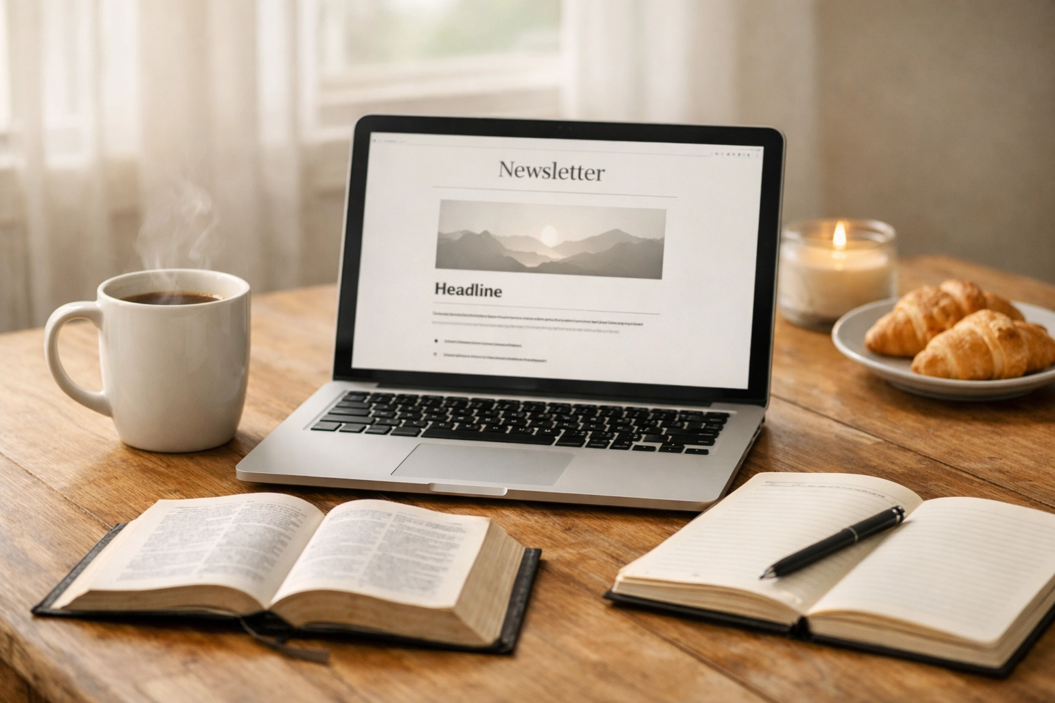 Peaceful morning breakfast table with Christ-centered news brief, Bible, and coffee