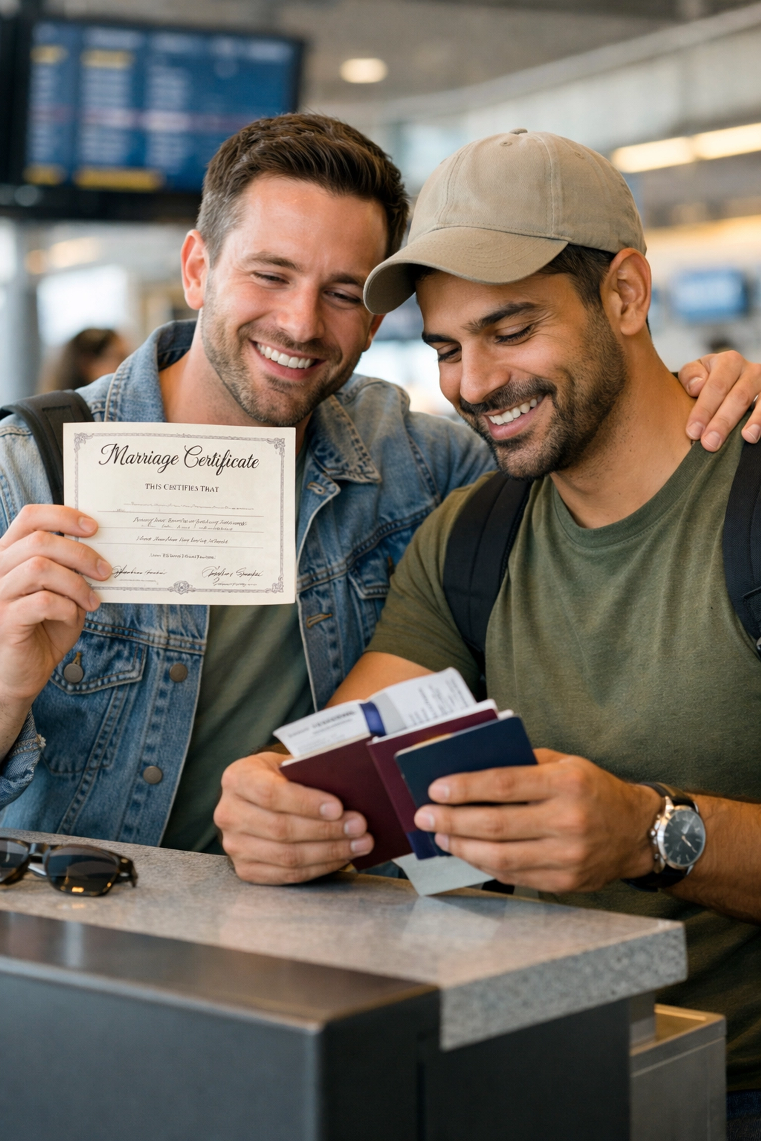 Gay married couple presenting marriage certificate and documents at airport check-in counter
