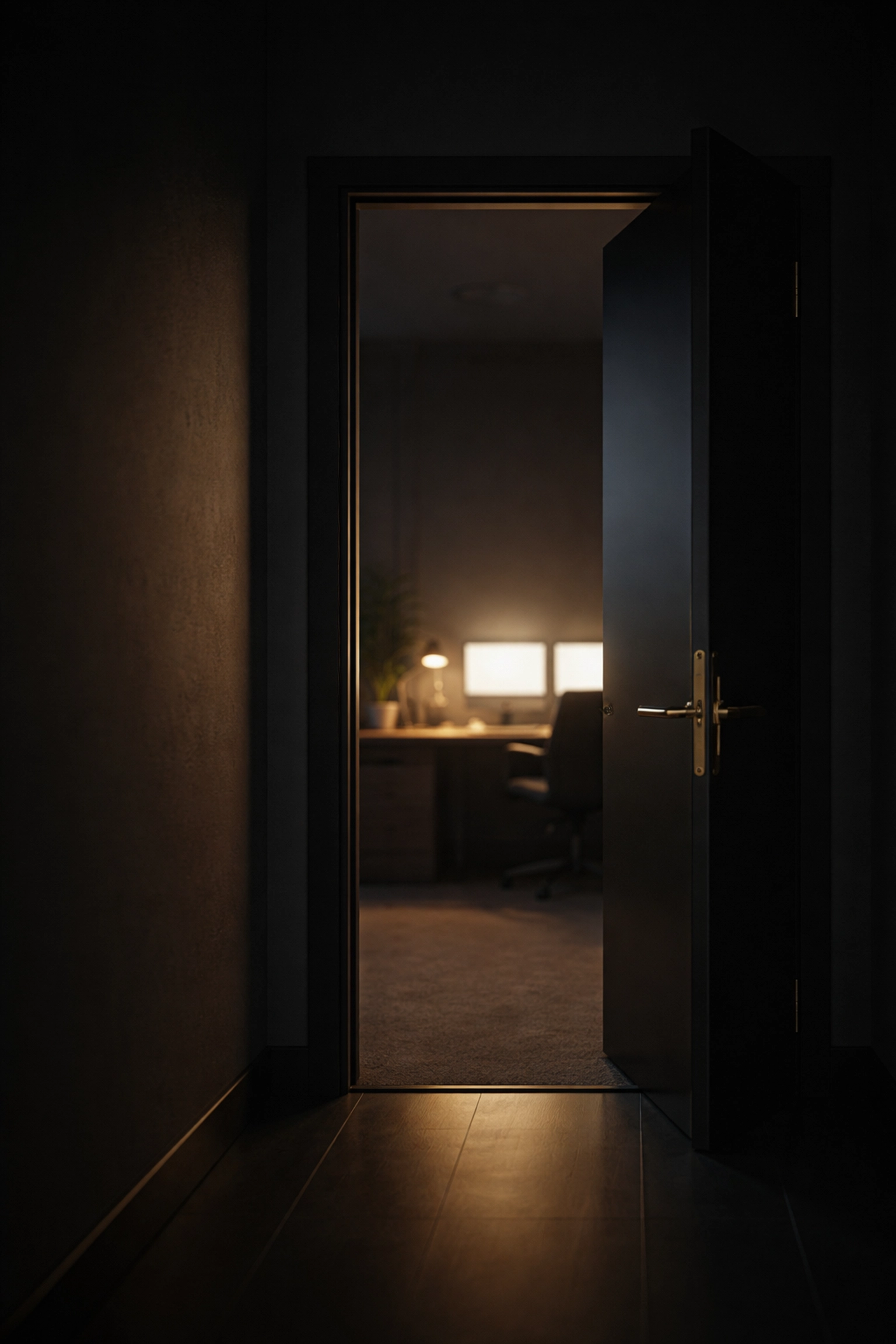 Open office door at night symbolizing cybersecurity vulnerabilities when using outdated Windows 10 systems.