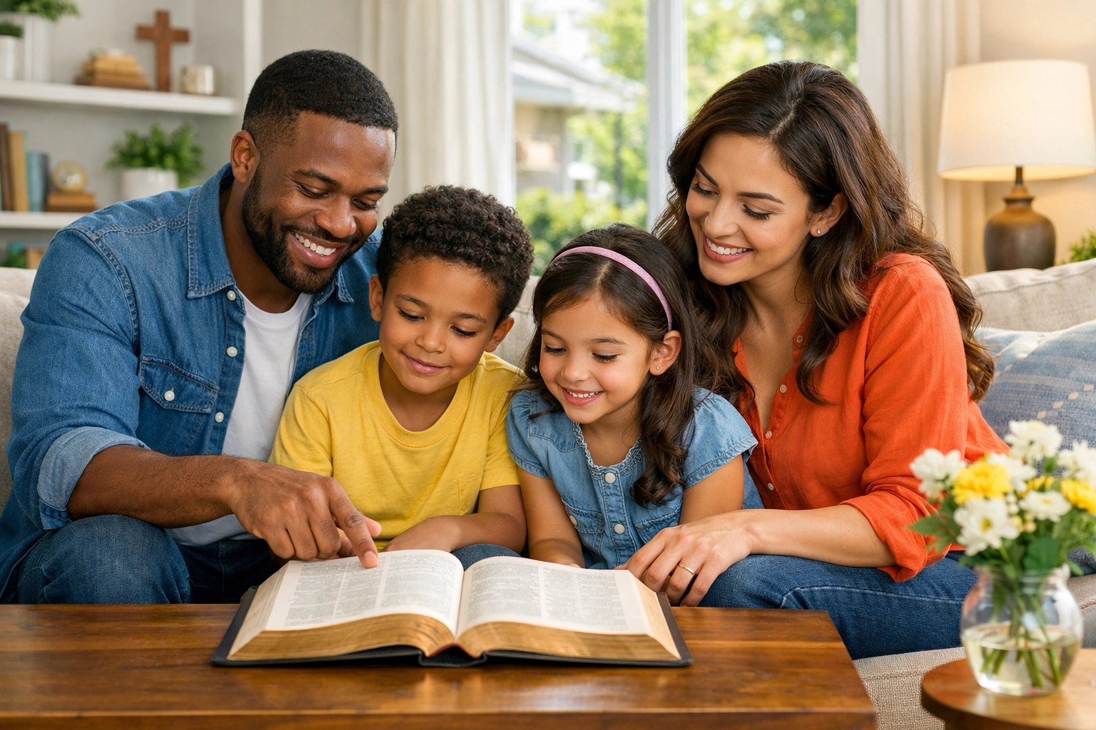 Diverse family learning the 16 Fundamental Truths together at home through a global Bible study.