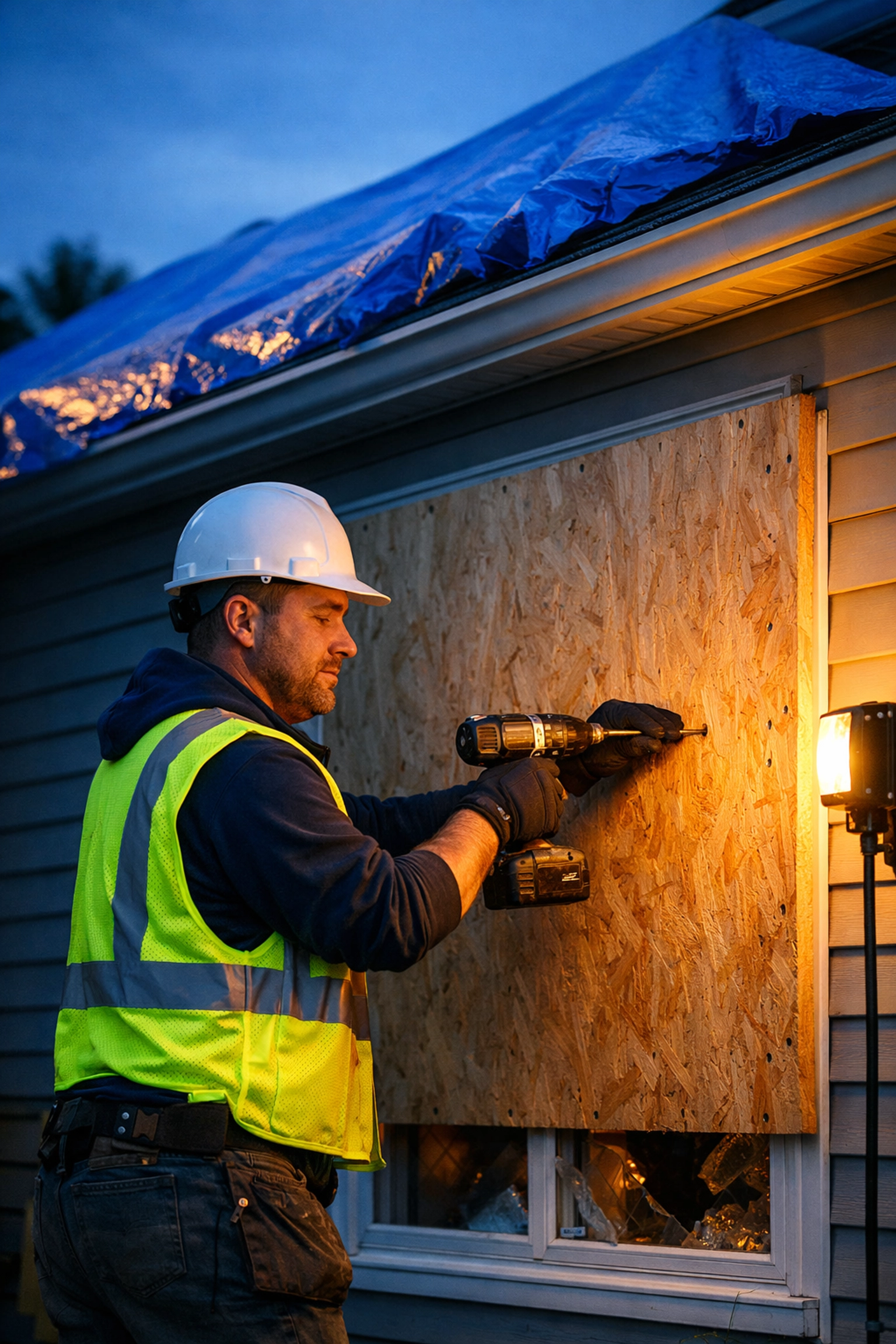 Professional boarding up windows and tarping a roof for fire damage restoration and safety.