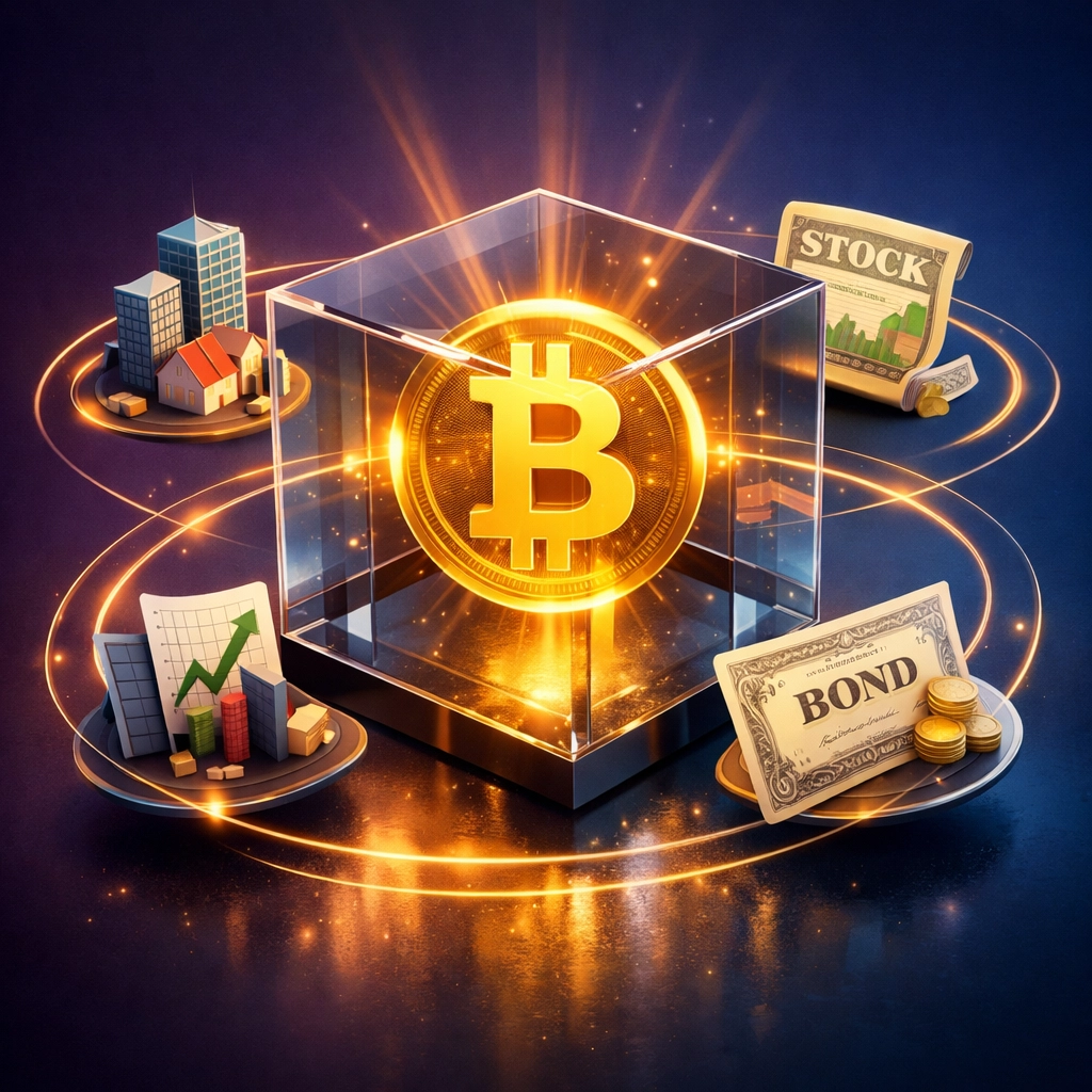 Bitcoin symbol surrounded by traditional investment assets showing digital and traditional portfolio integration