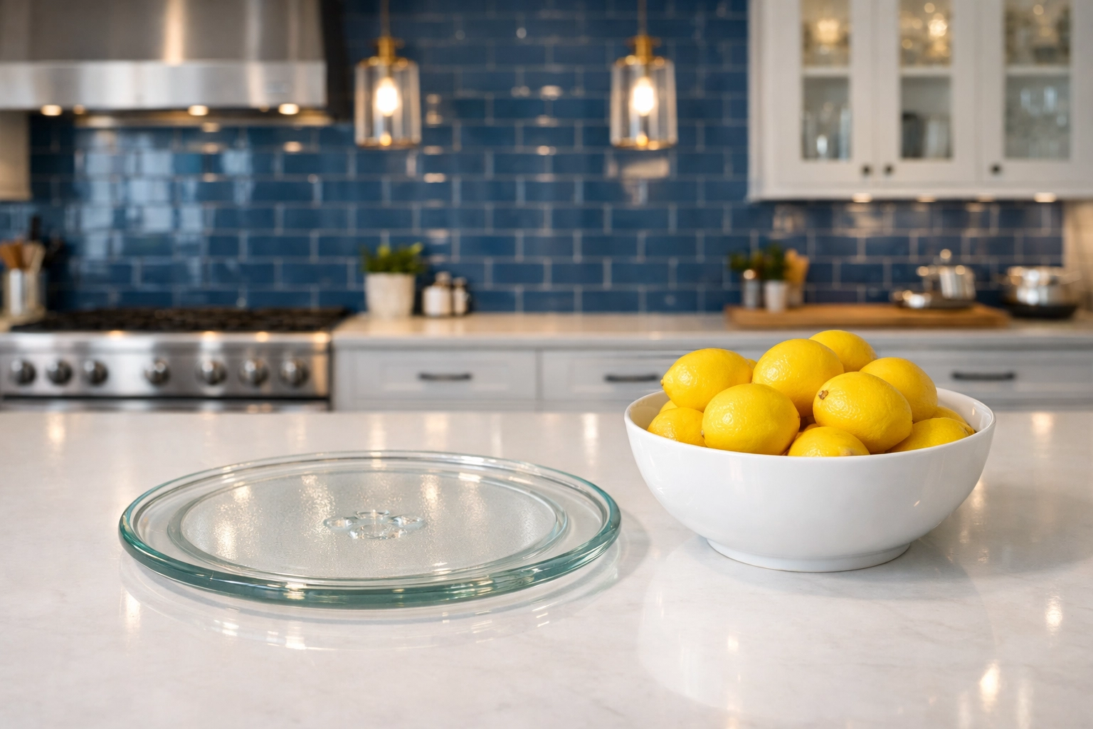 A perfectly clean glass microwave turntable resting on a kitchen island with fresh yellow lemons.