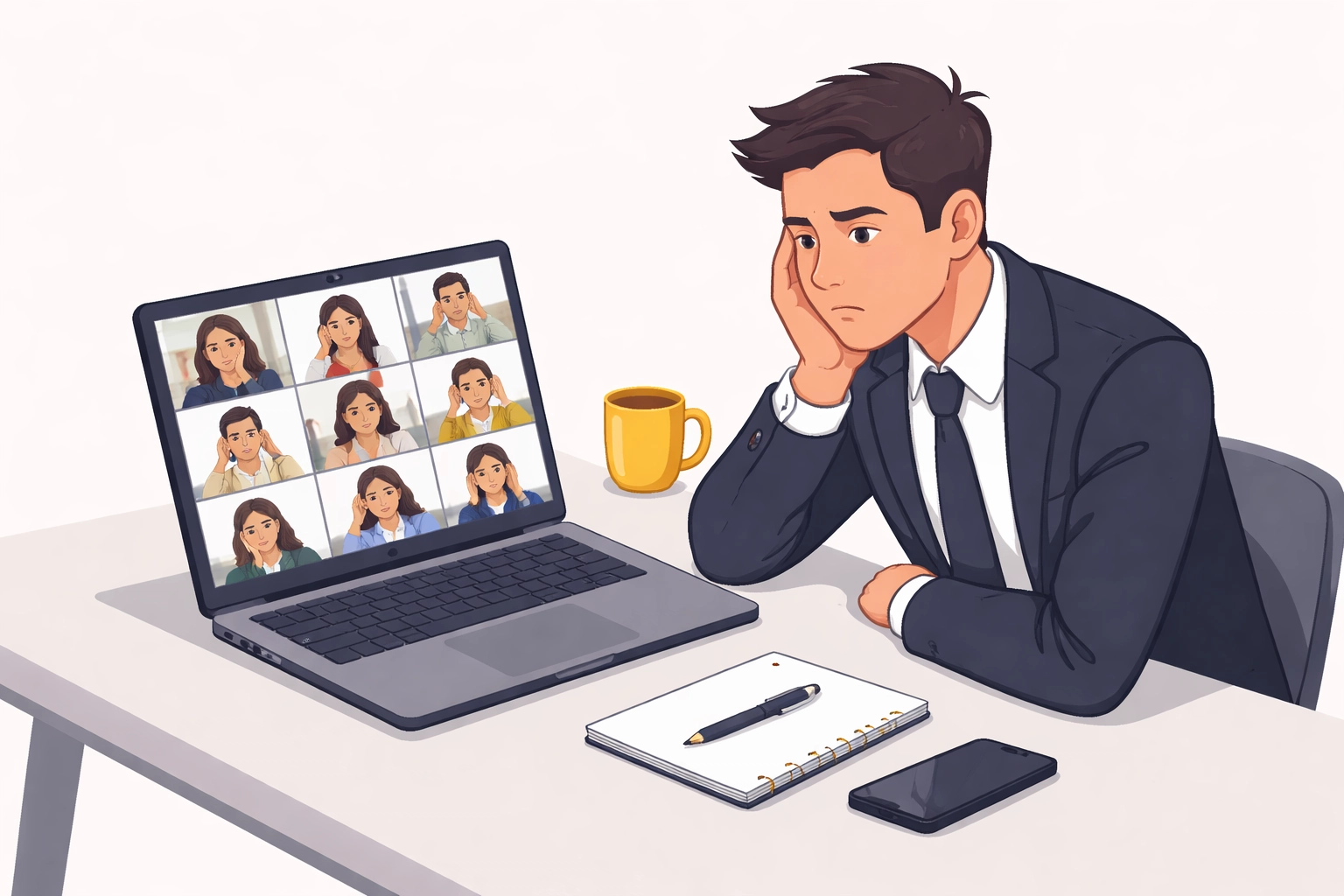 Frustrated business person using traditional webinar software before switching to a live shopping platform for improved sales conversions.