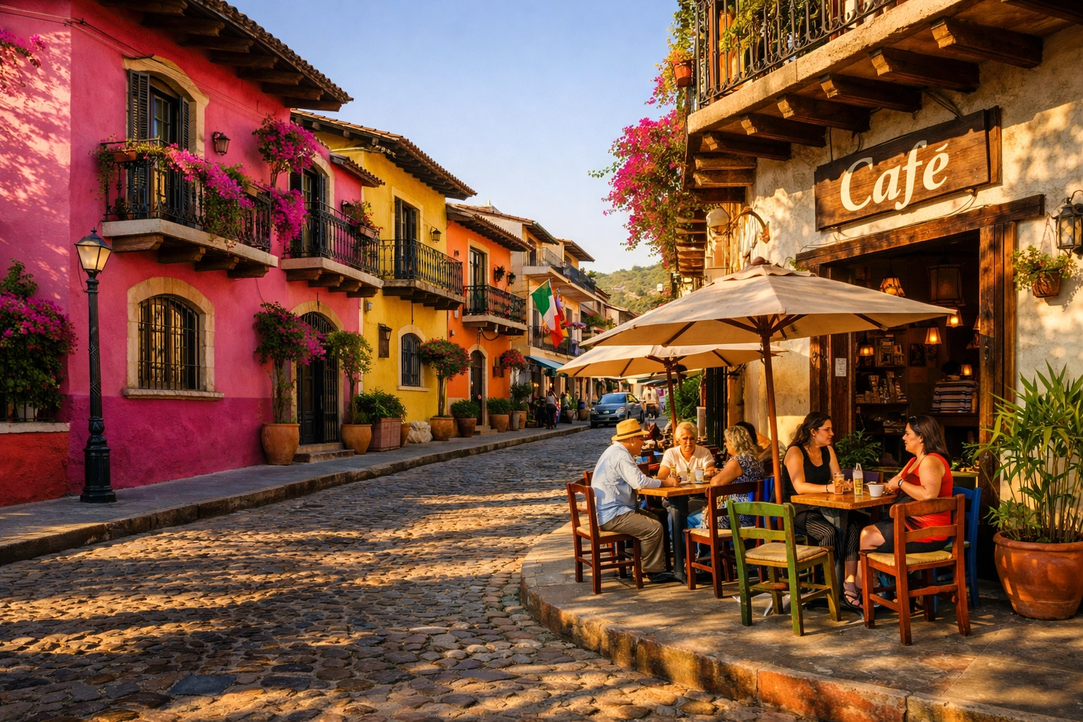Colorful colonial buildings and bougainvillea in Zona Romántica Puerto Vallarta neighborhood