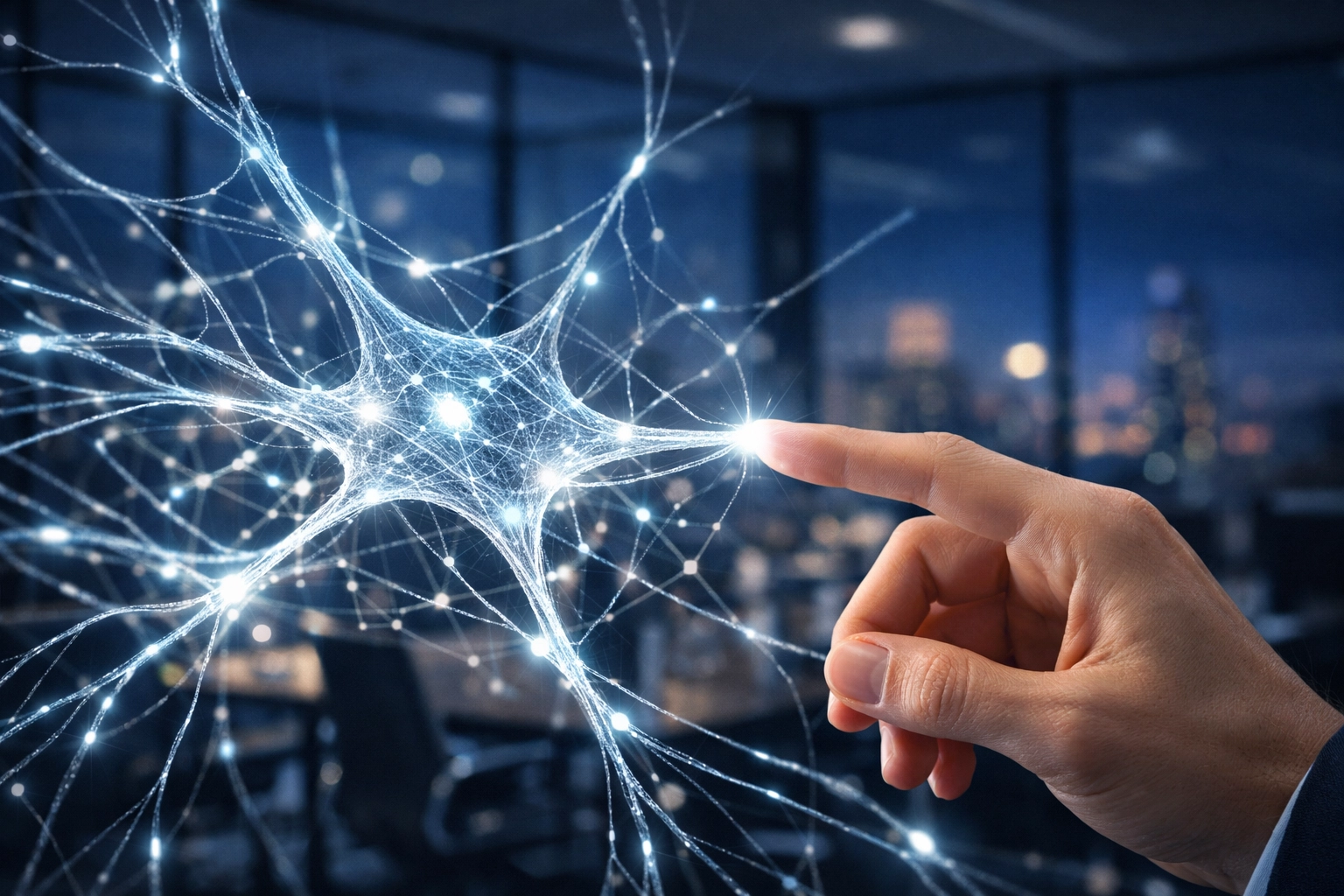 A hand interacting with a glowing AI neural network during a business strategy meeting for technology selection.