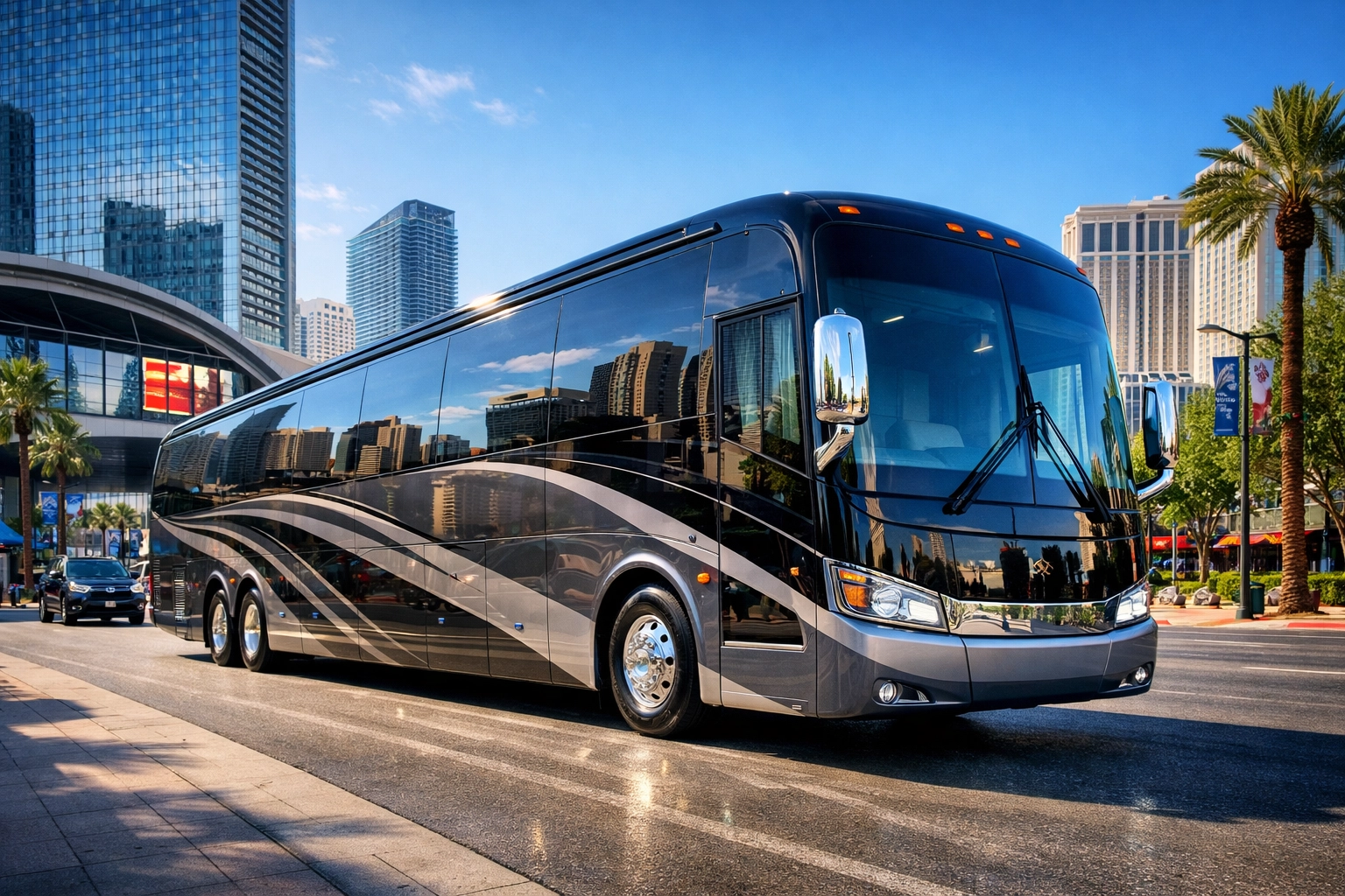 How to Integrate Super Bowl Luxury Logistics With Your Executive Branding Strategy Luxury branded motor coach parked on a city street for Super Bowl executive transportation.