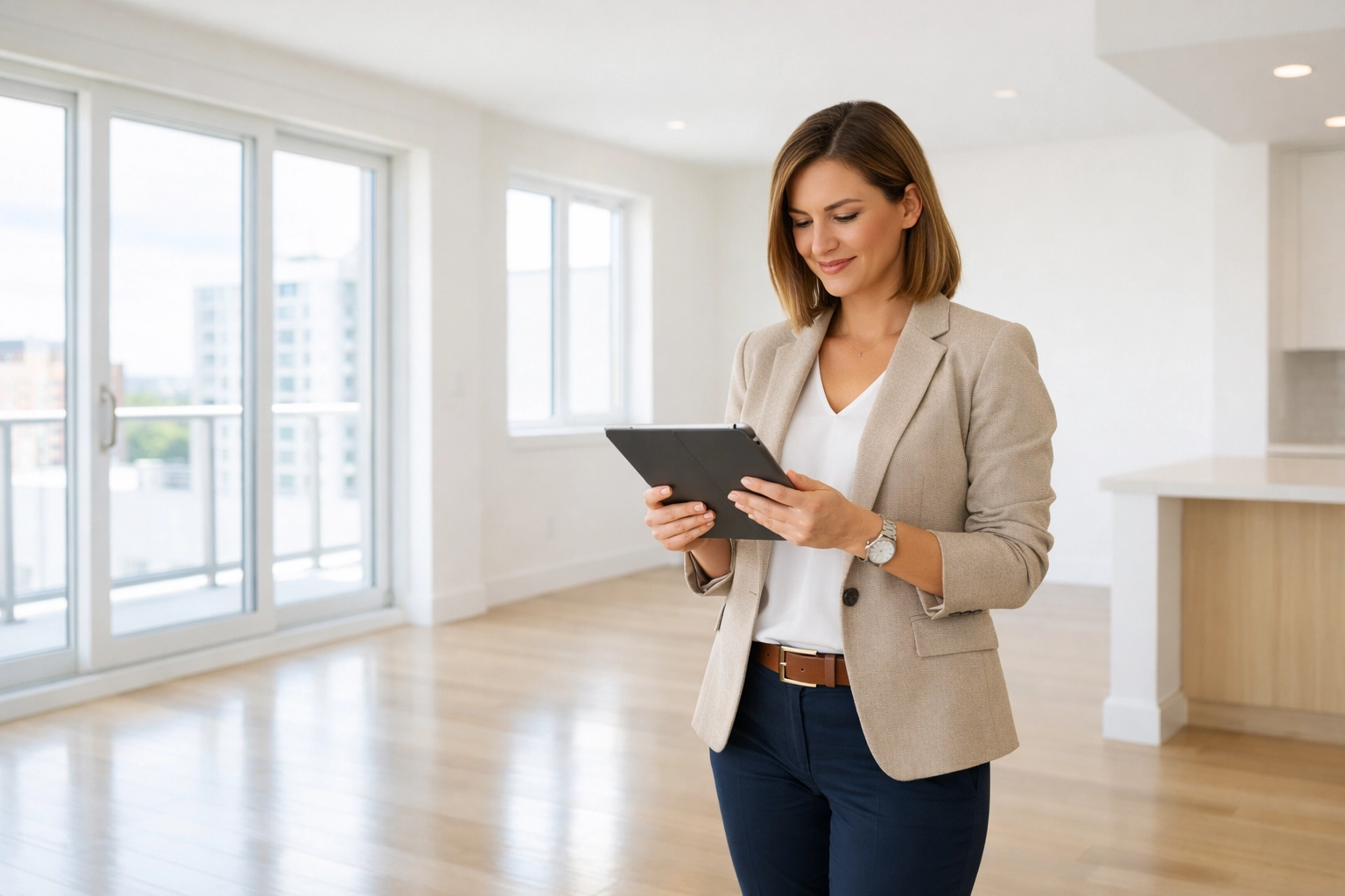 Property manager reviewing apartment listing details in freshly cleaned vacant unit