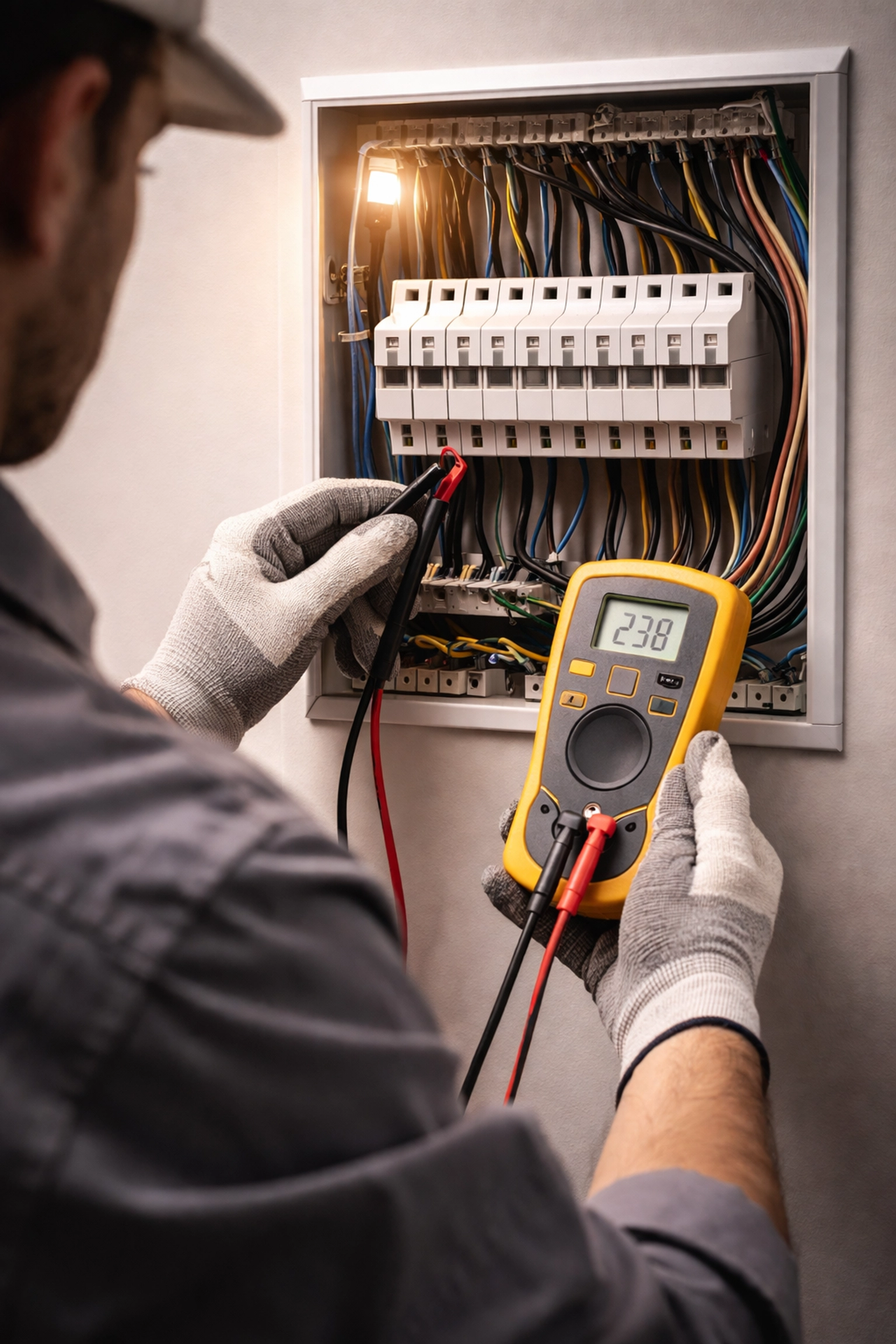 Electrician testing electrical panel wiring, ensuring circuit breaker safety and repairs