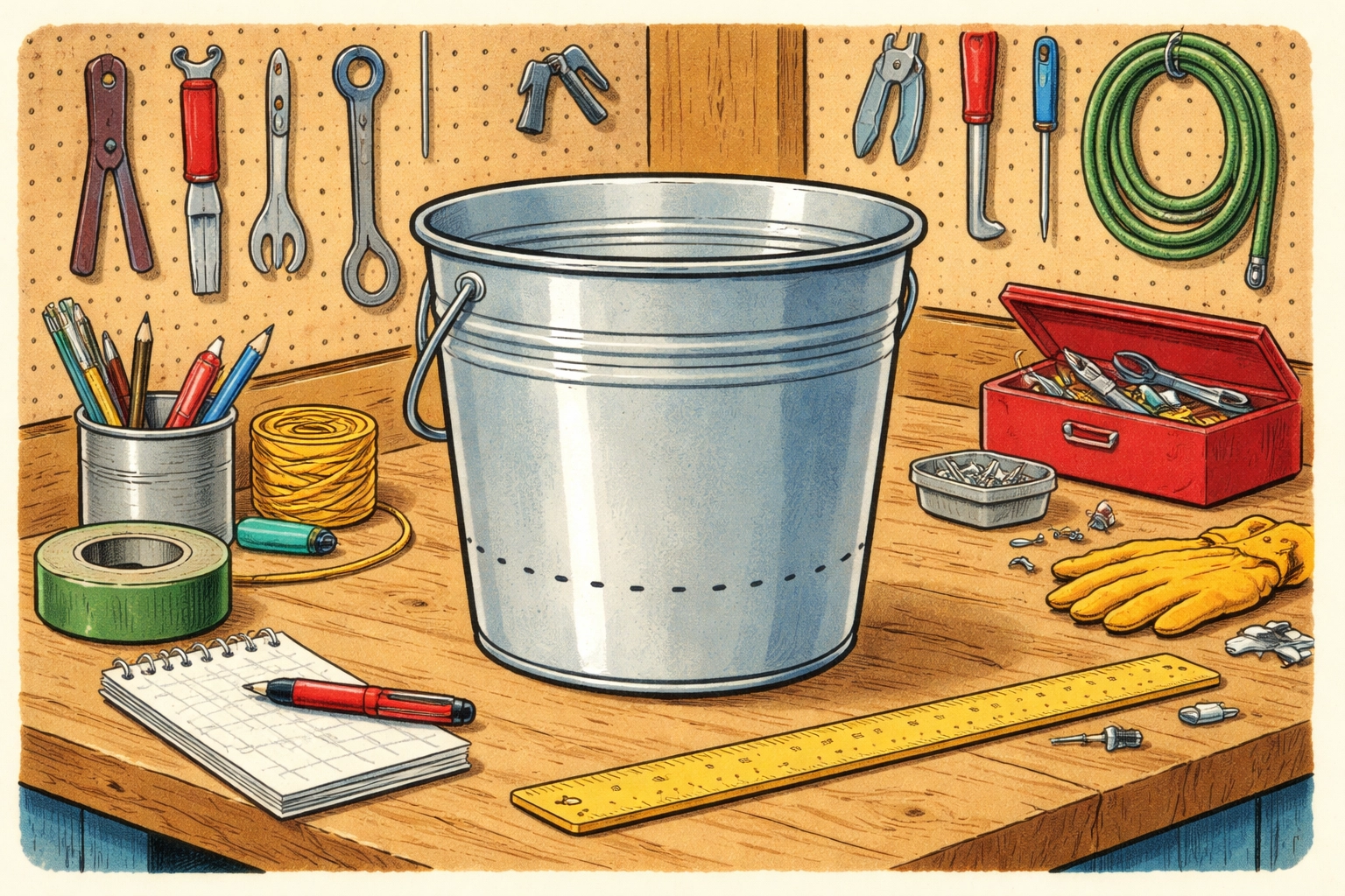 Whimsical storybook bucket with holes being marked in a neat pattern on a workbench (1950s hand-drawn style)