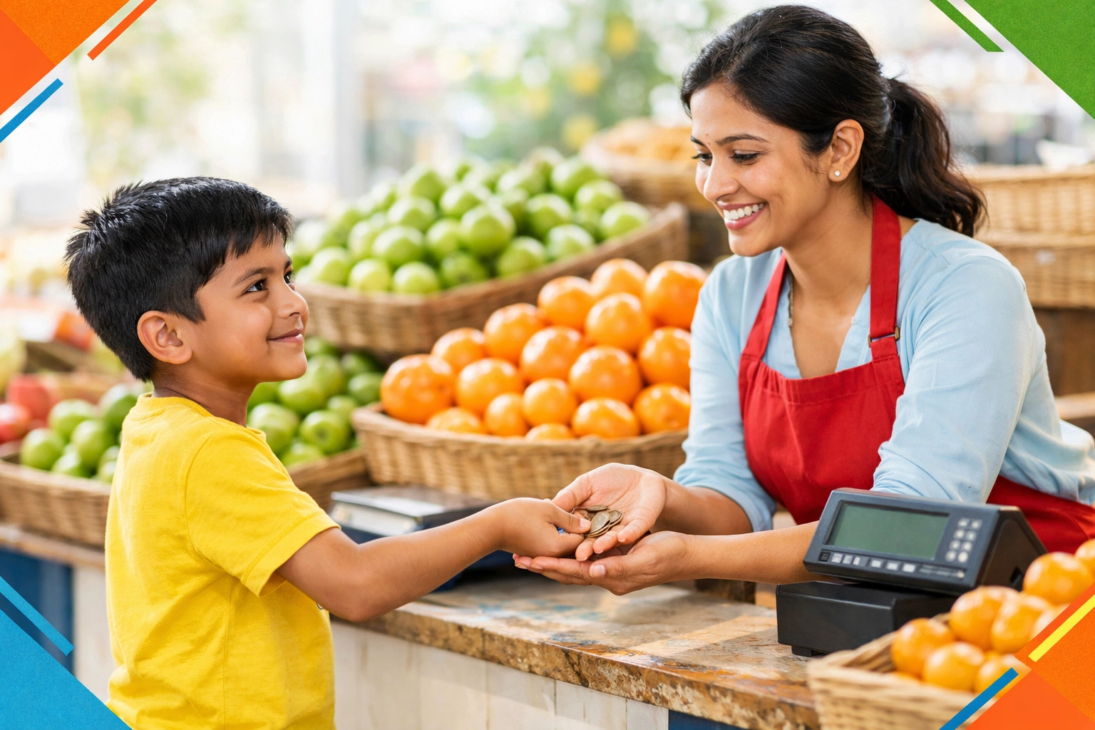 Child practicing integrity by returning money to cashier showing honest character