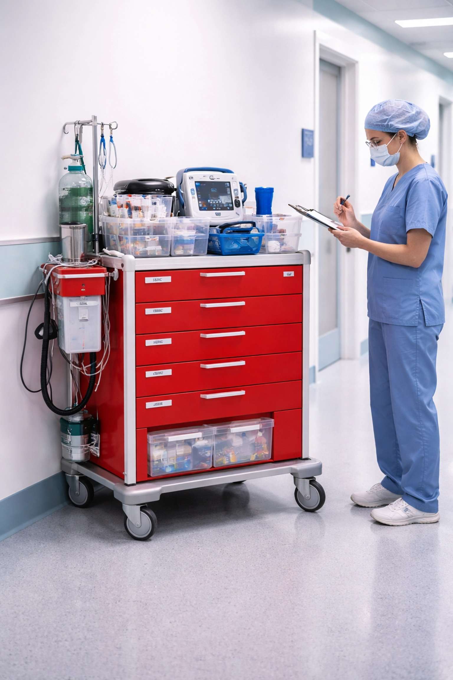 Well-maintained crash cart with labeled medical supplies checked by staff in an ambulatory surgery center hallway