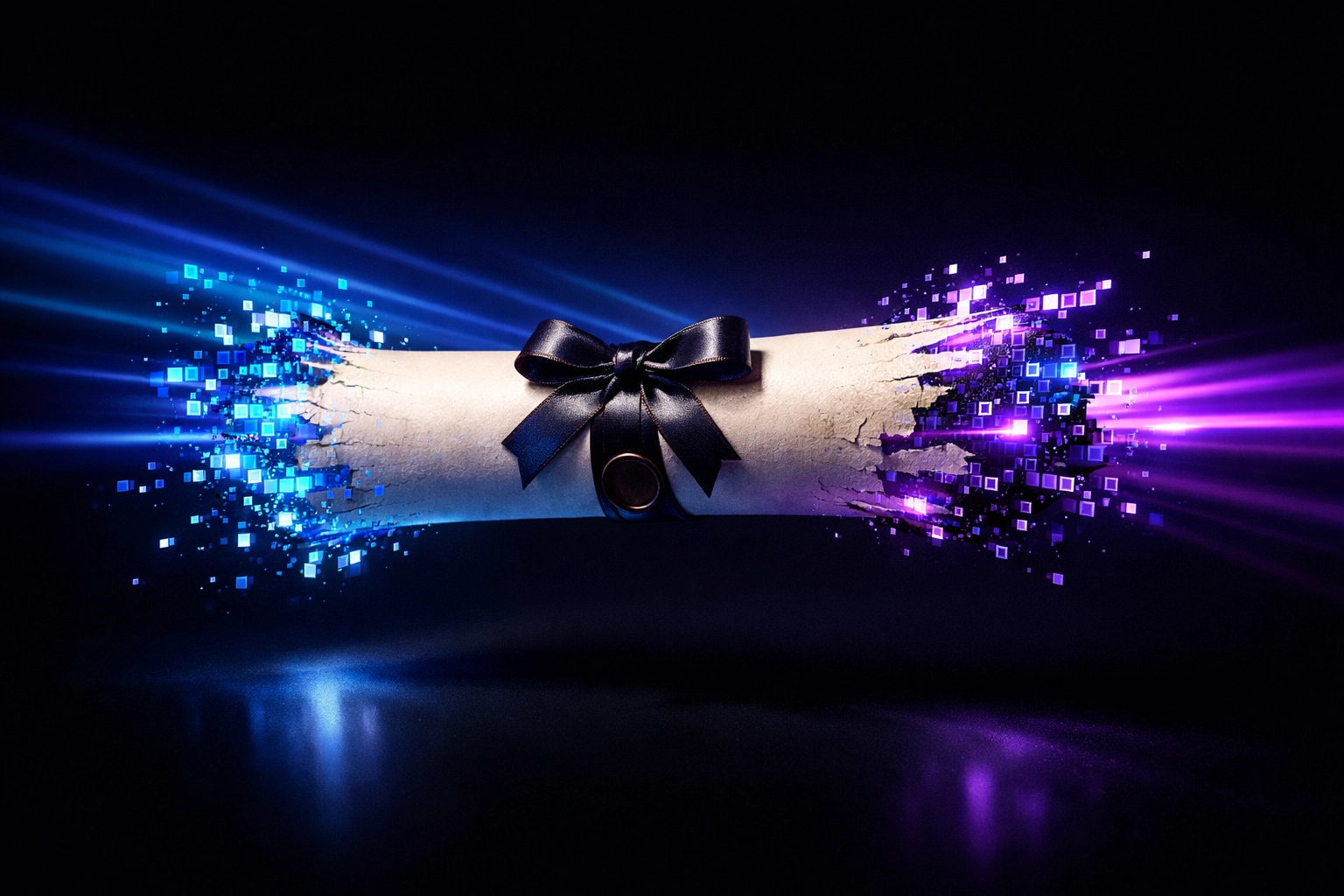 A university degree transforming into digital code, representing the shift from diplomas to AI assessments.