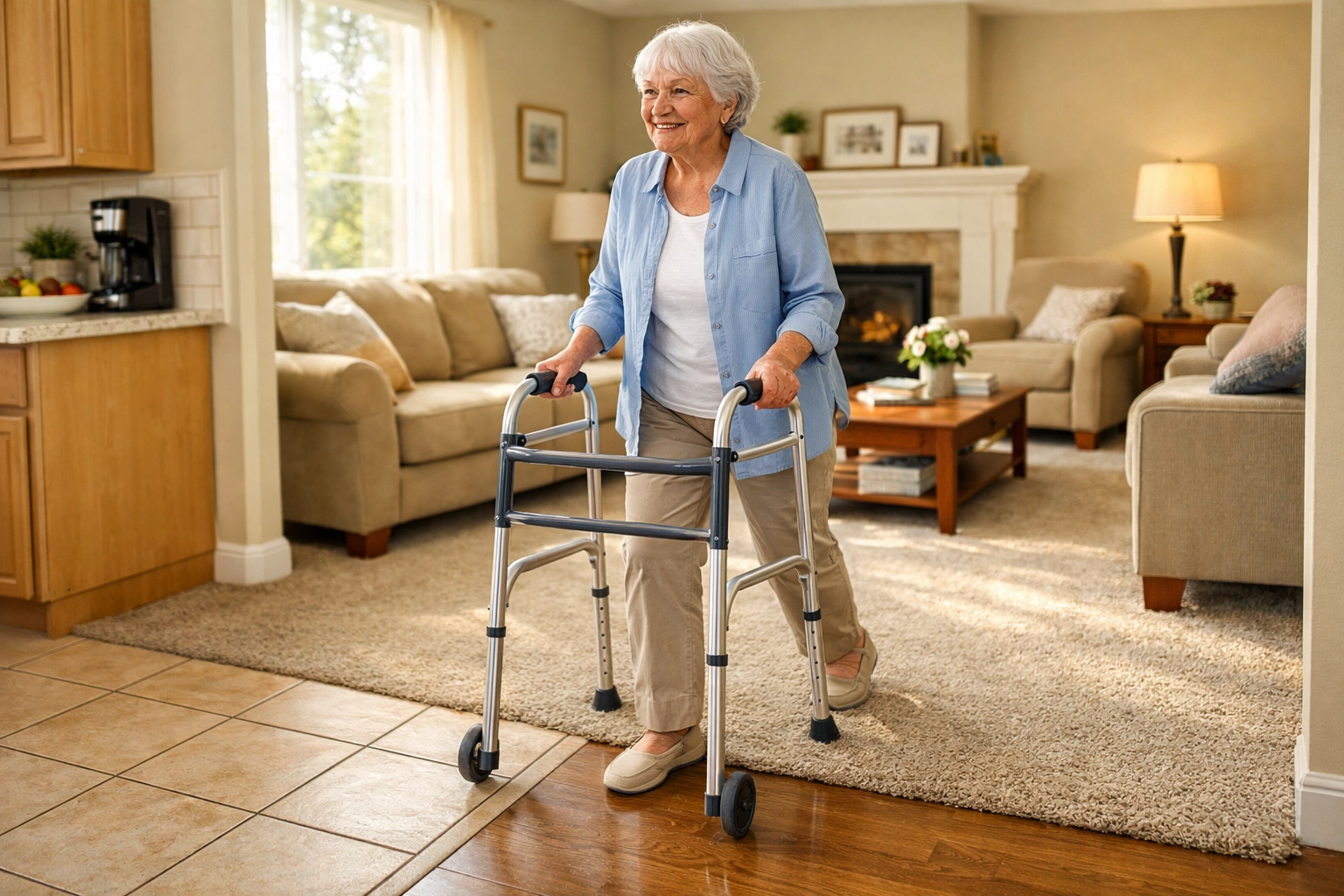 Senior woman using a walker to safely navigate the transition from tile to carpet in her home.