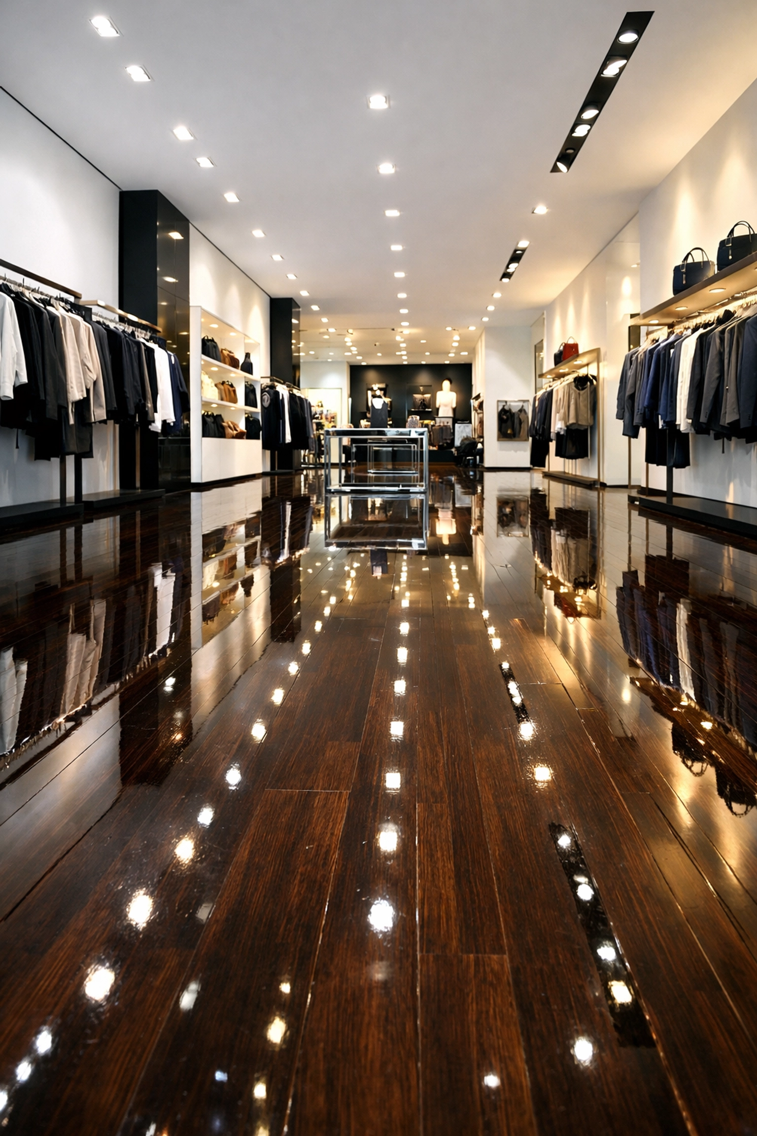 High-end retail sales floor with impeccably polished wood flooring and professional lighting.